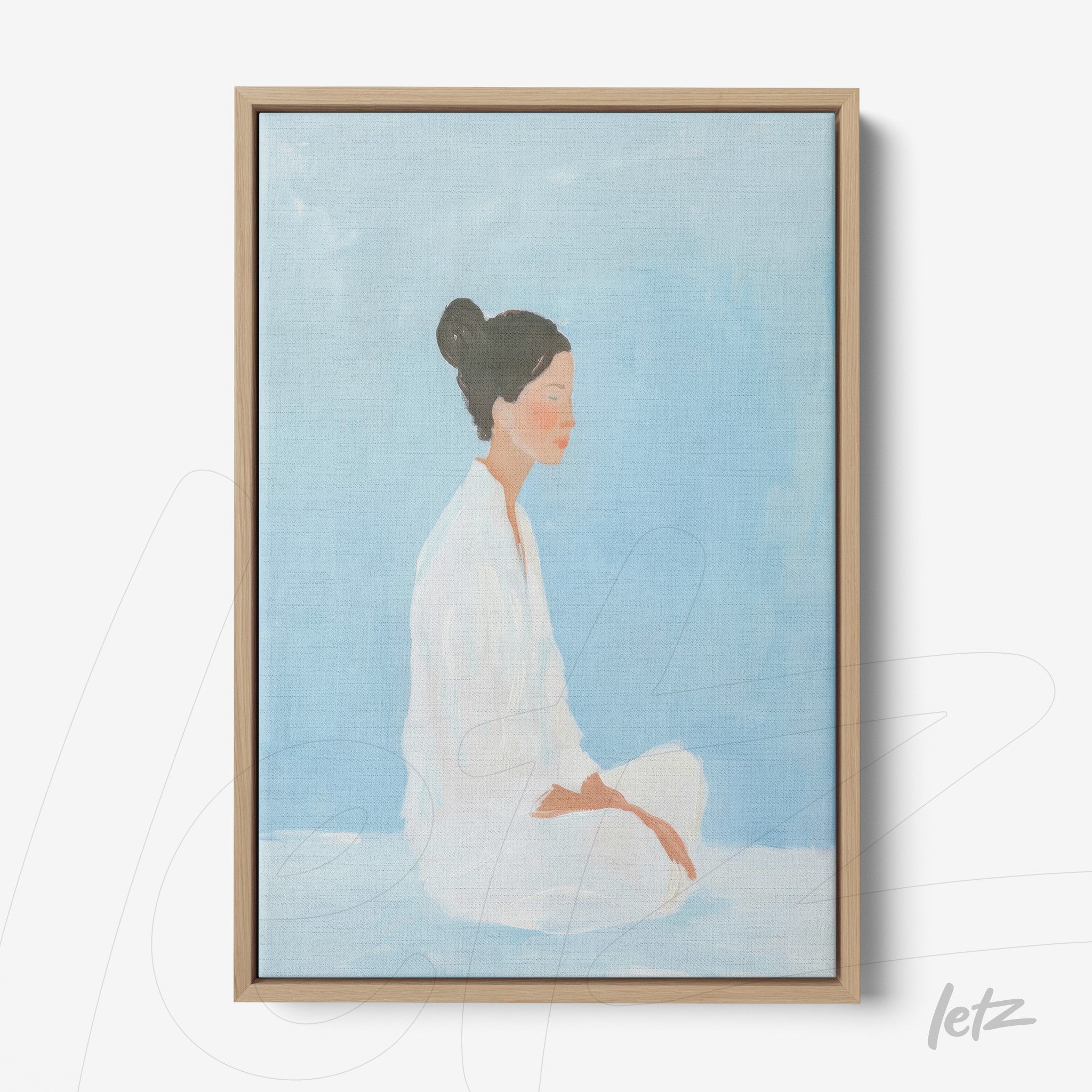 framed artwork featuring a minimalist illustration of a meditative woman against a light blue background with a light wood frame