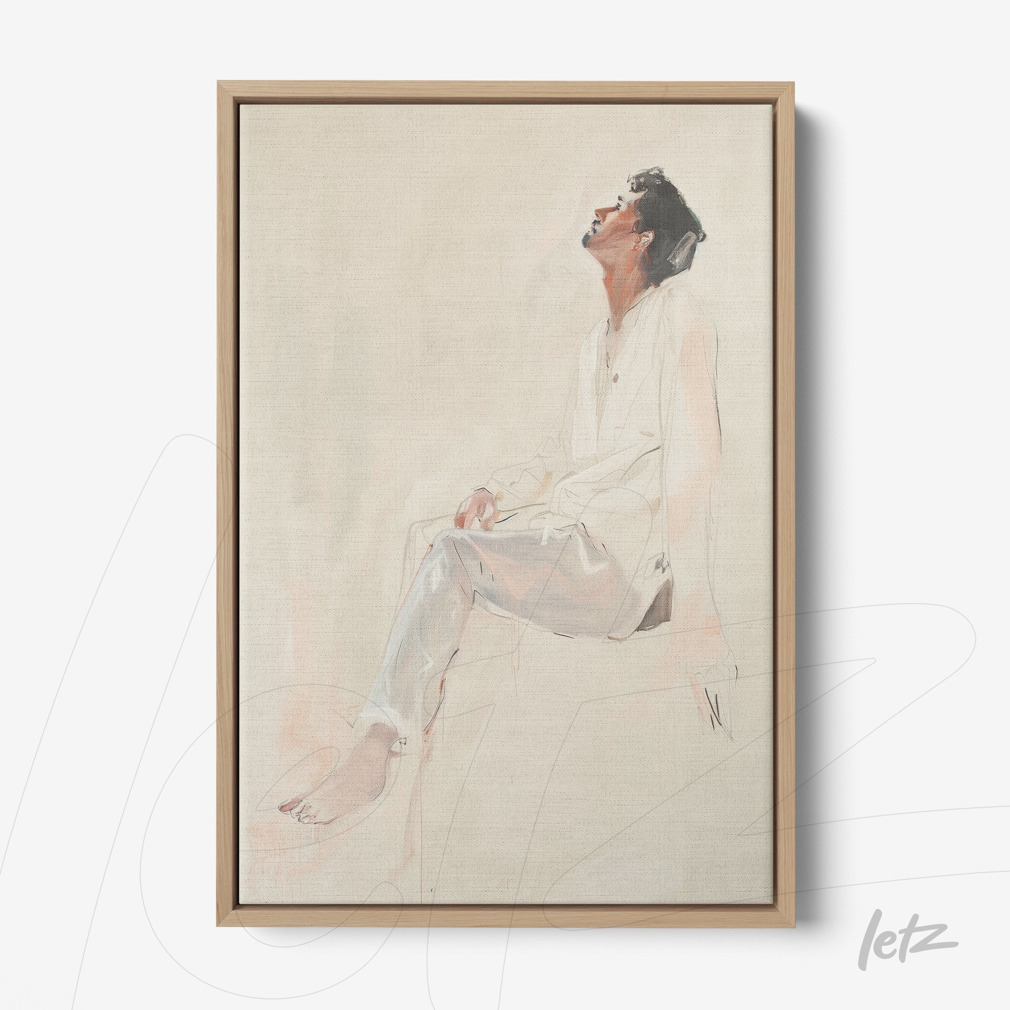 canvas art featuring a seated figure portrait in soft tones with a light wood frame