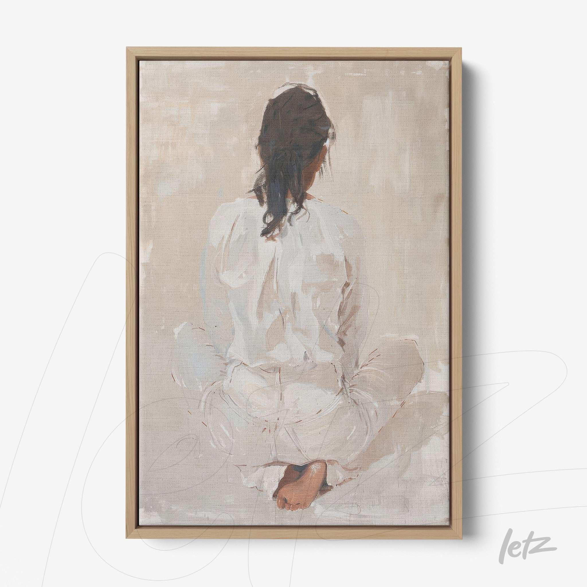 framed artwork featuring an abstract figure of a woman sitting with her back turned in a light frame