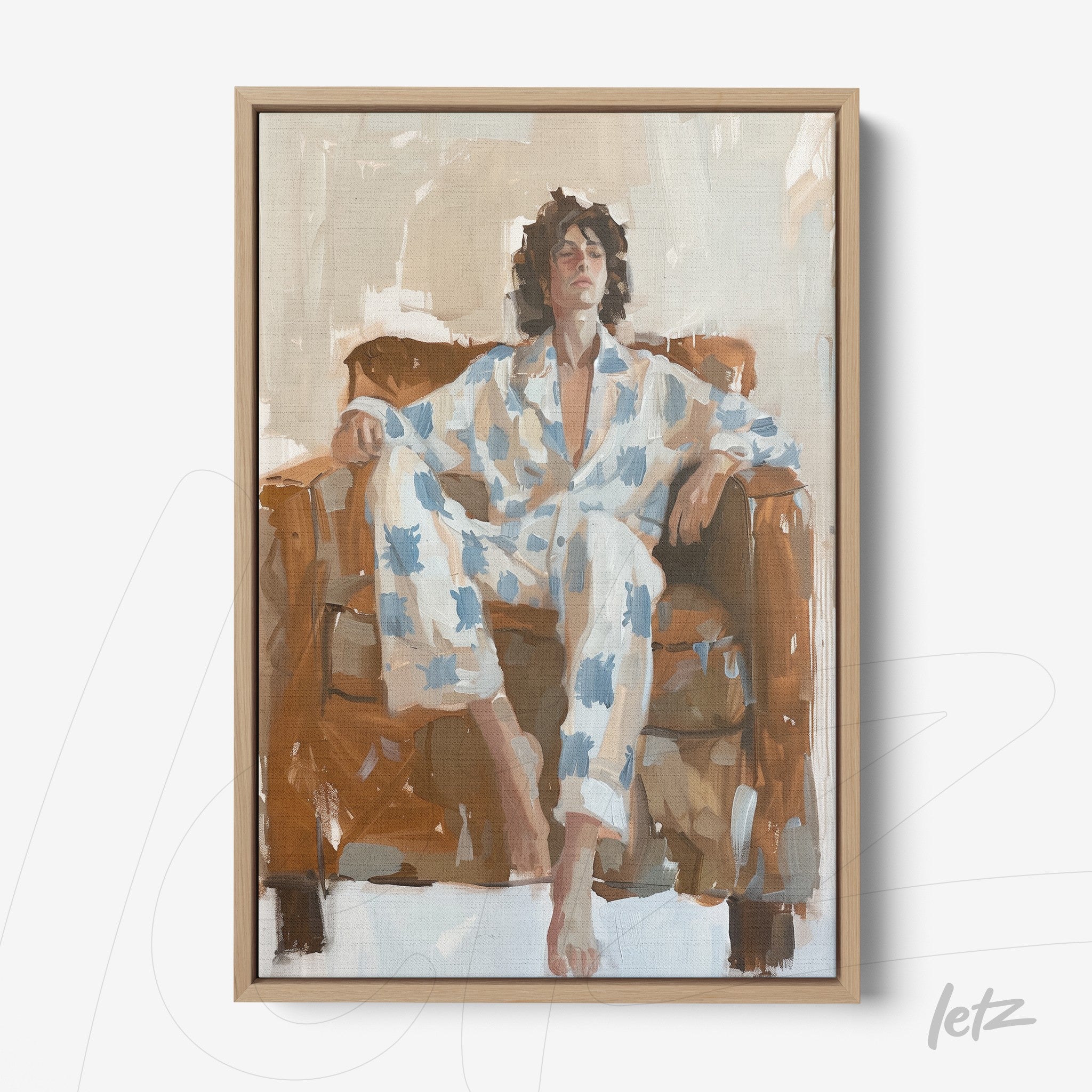 framed art depicting a man relaxing on a brown sofa wearing blue patterned pajamas