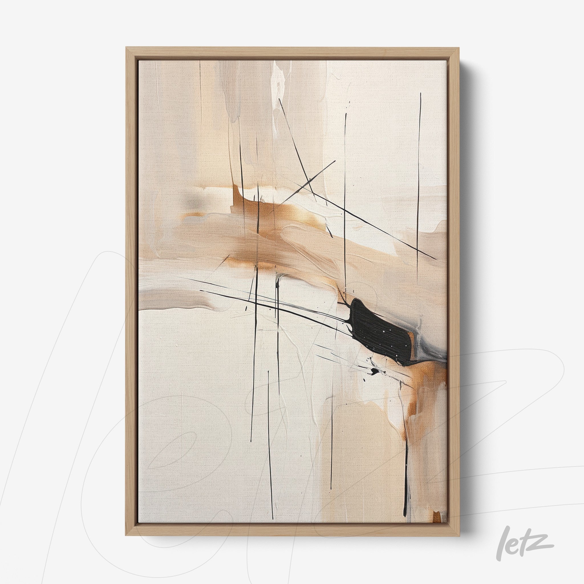 framed abstract wall art in neutral tones with black lines and orange accents in light wood frame