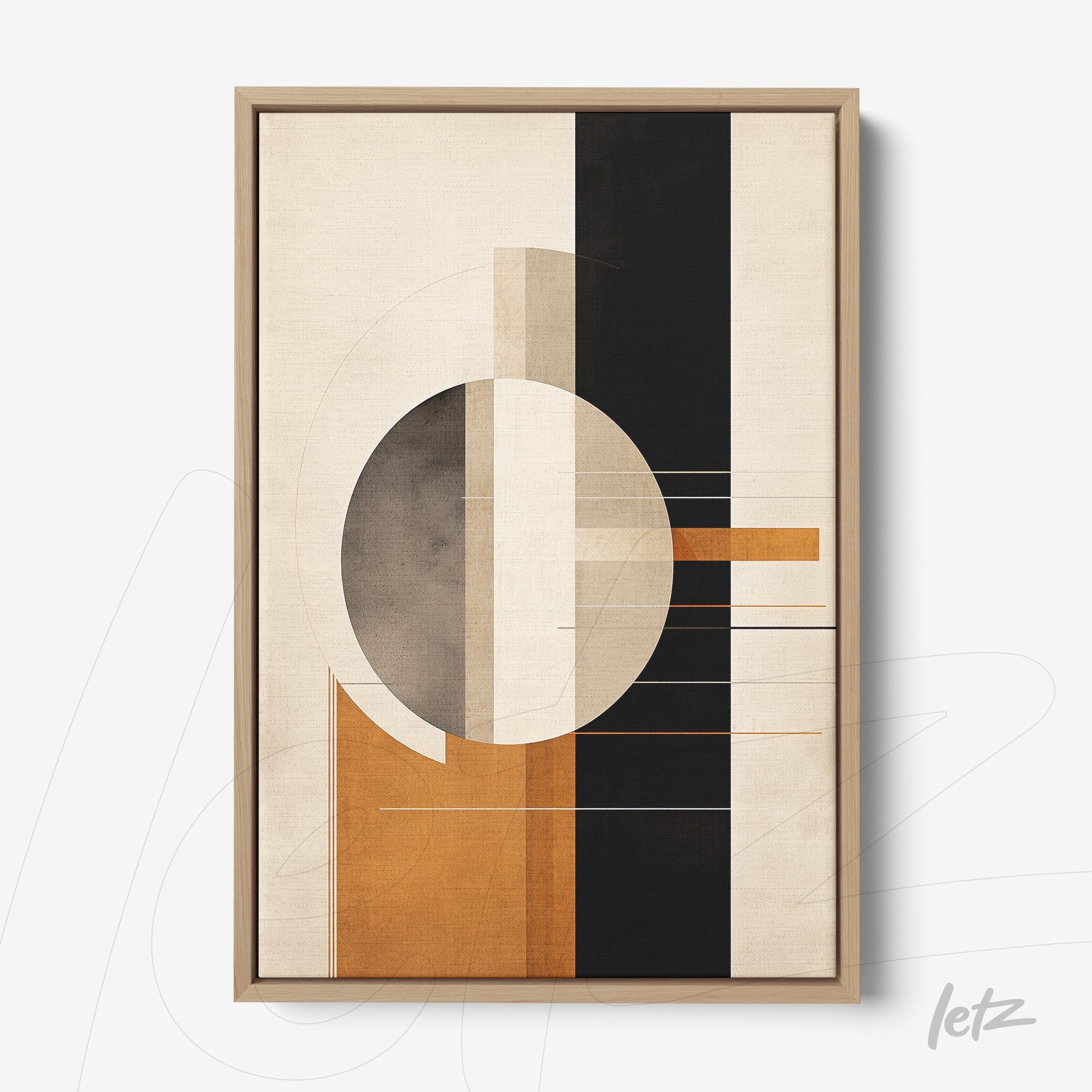 abstract wall art in shades of orange, black, and beige featuring geometric shapes in a light wood frame