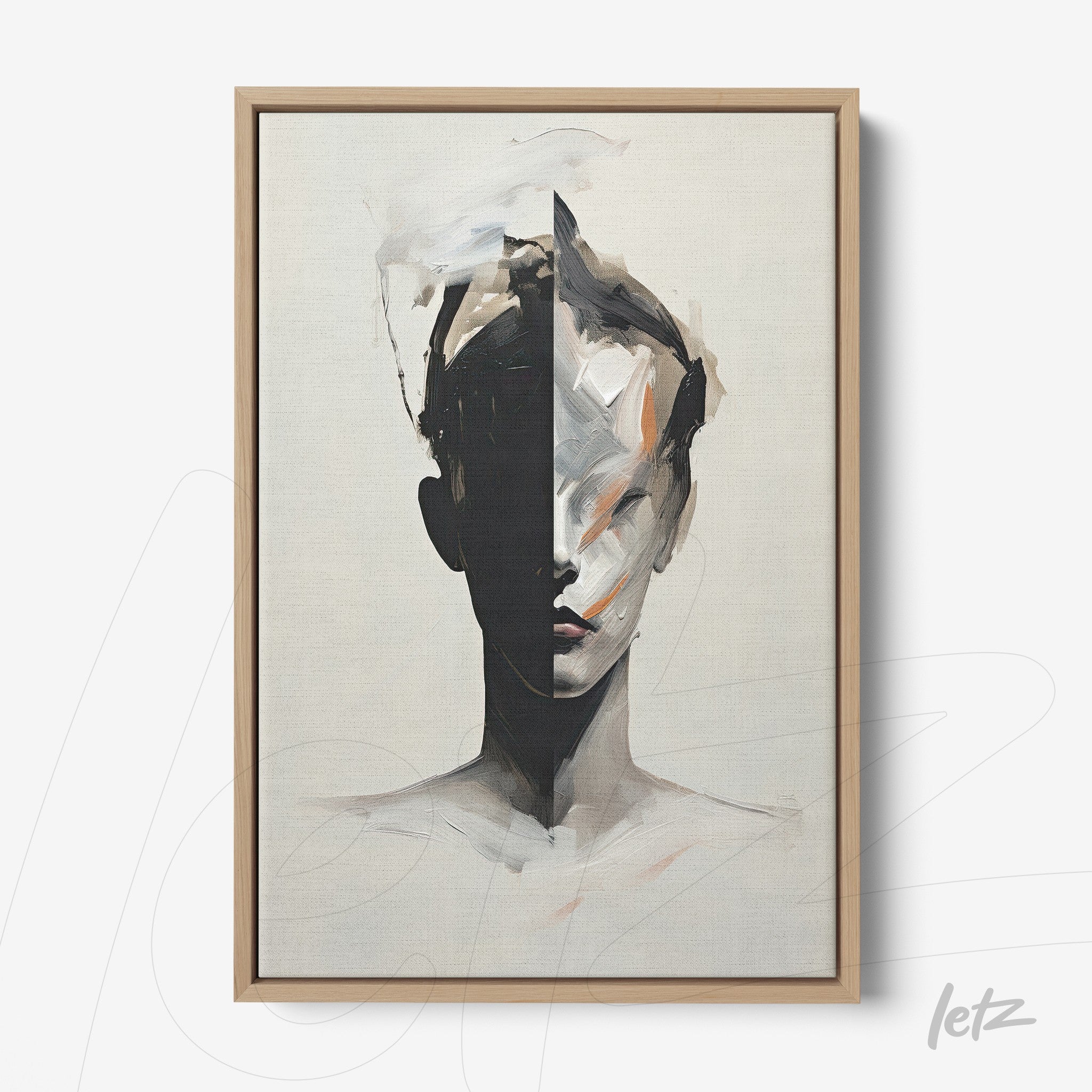 framed abstract portrait of a human figure with one half in dark tones and the other in light tones