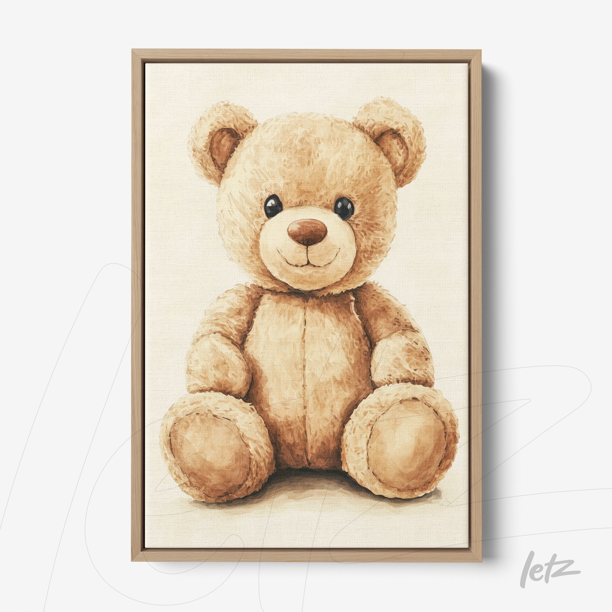 canvas print of a light brown teddy bear with a light wood frame
