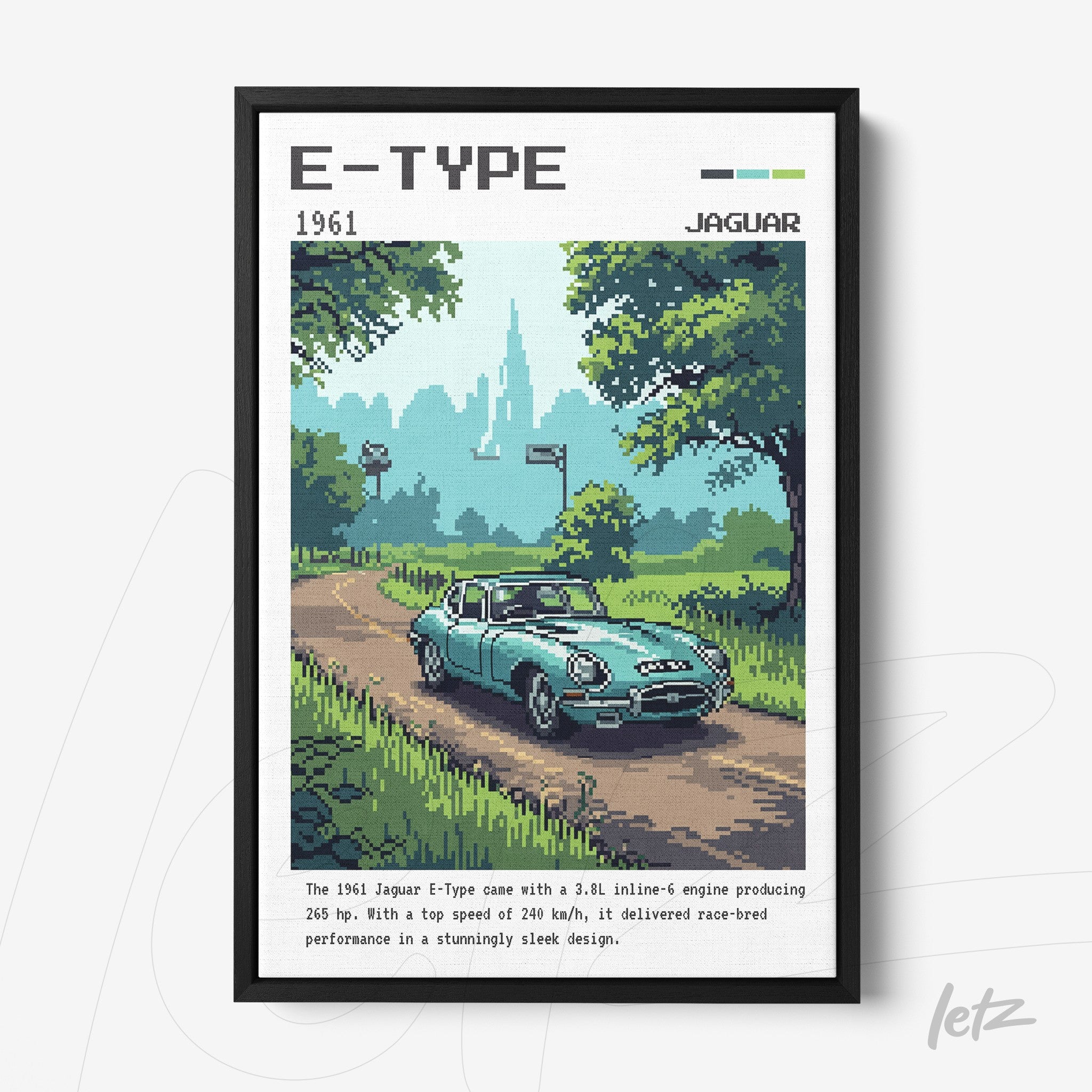 framed vintage style digital art of the 1961 Jaguar E-Type car
