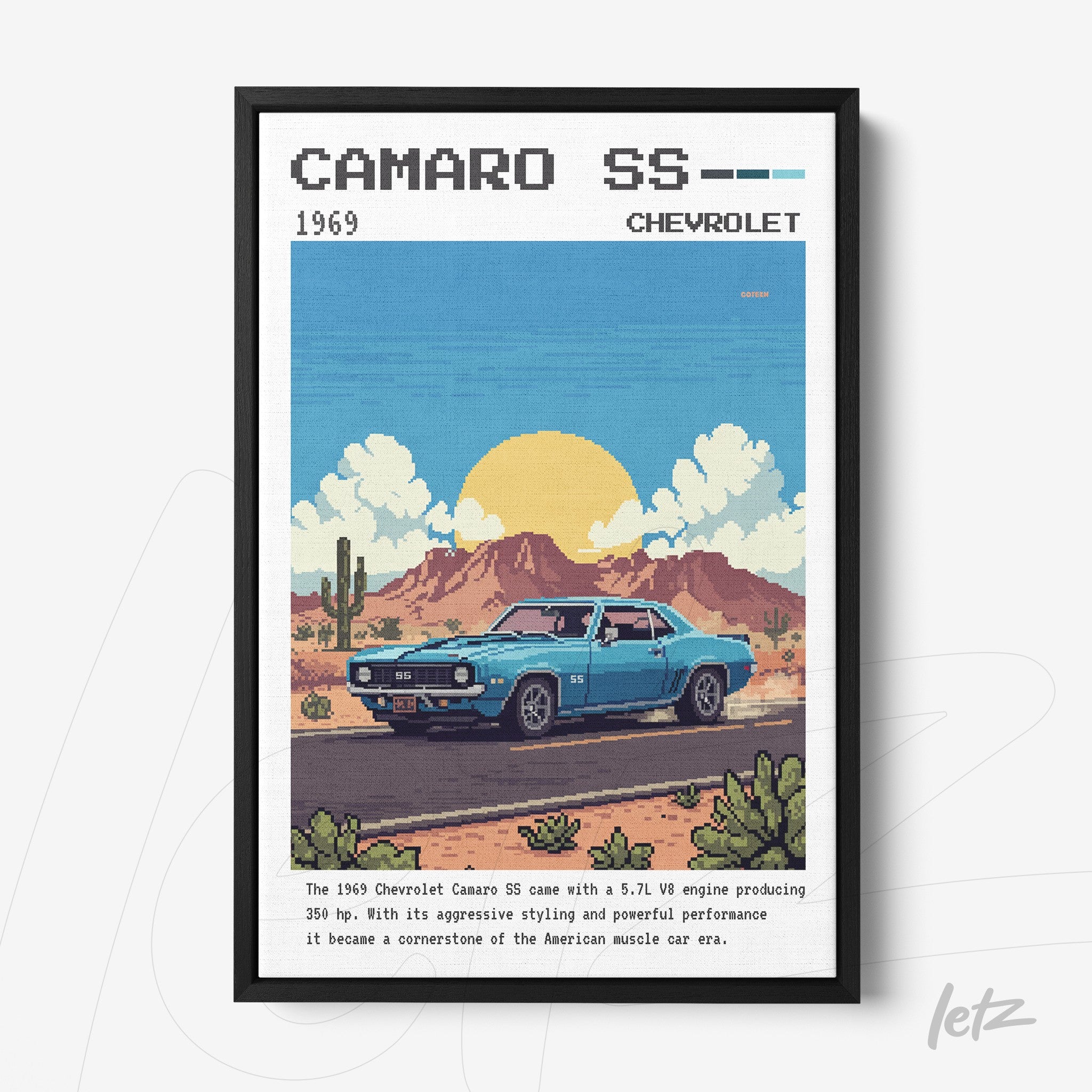 framed digital art of 1969 Chevrolet Camaro SS with black frame, featuring a desert landscape and sunset in the background