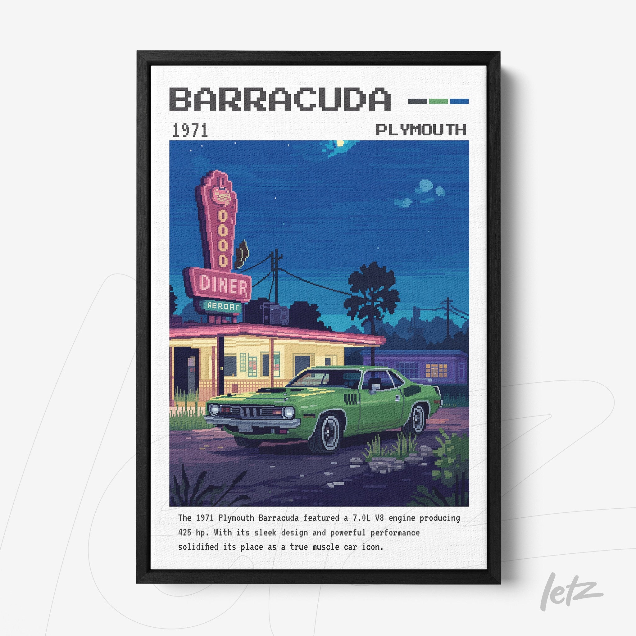 pixel art print of a green Plymouth Barracuda in front of a vintage diner with a glowing sign