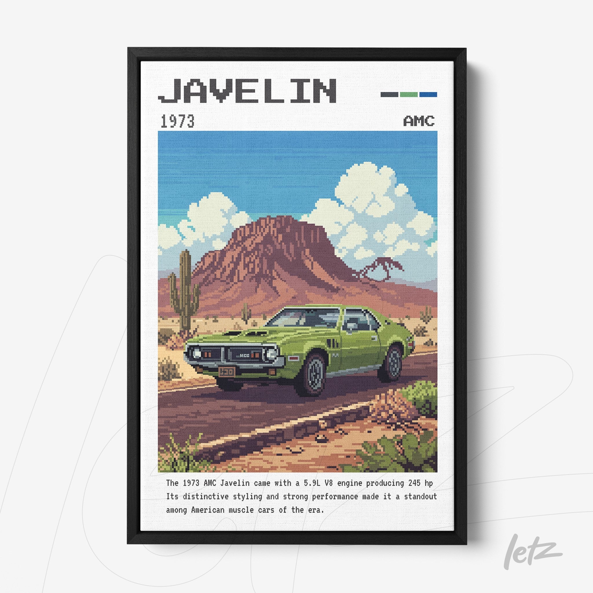 pixel art print of the 1973 AMC Javelin against a desert landscape featuring mountains and clouds
