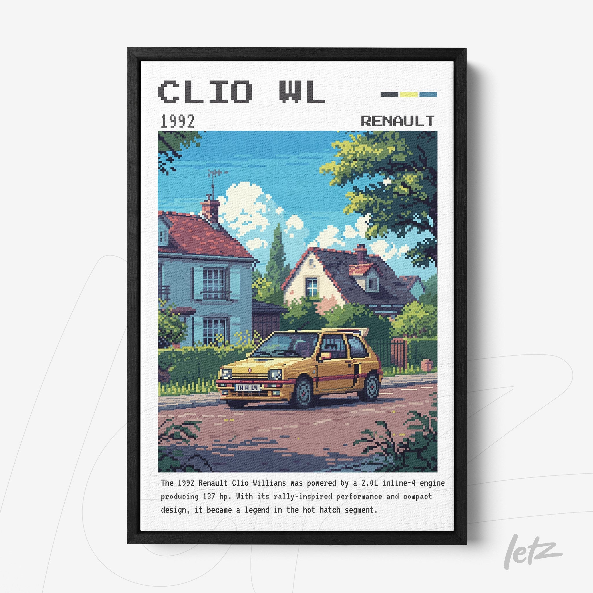 framed art print of retro Renault Clio Williams car with informative text details about the vehicle