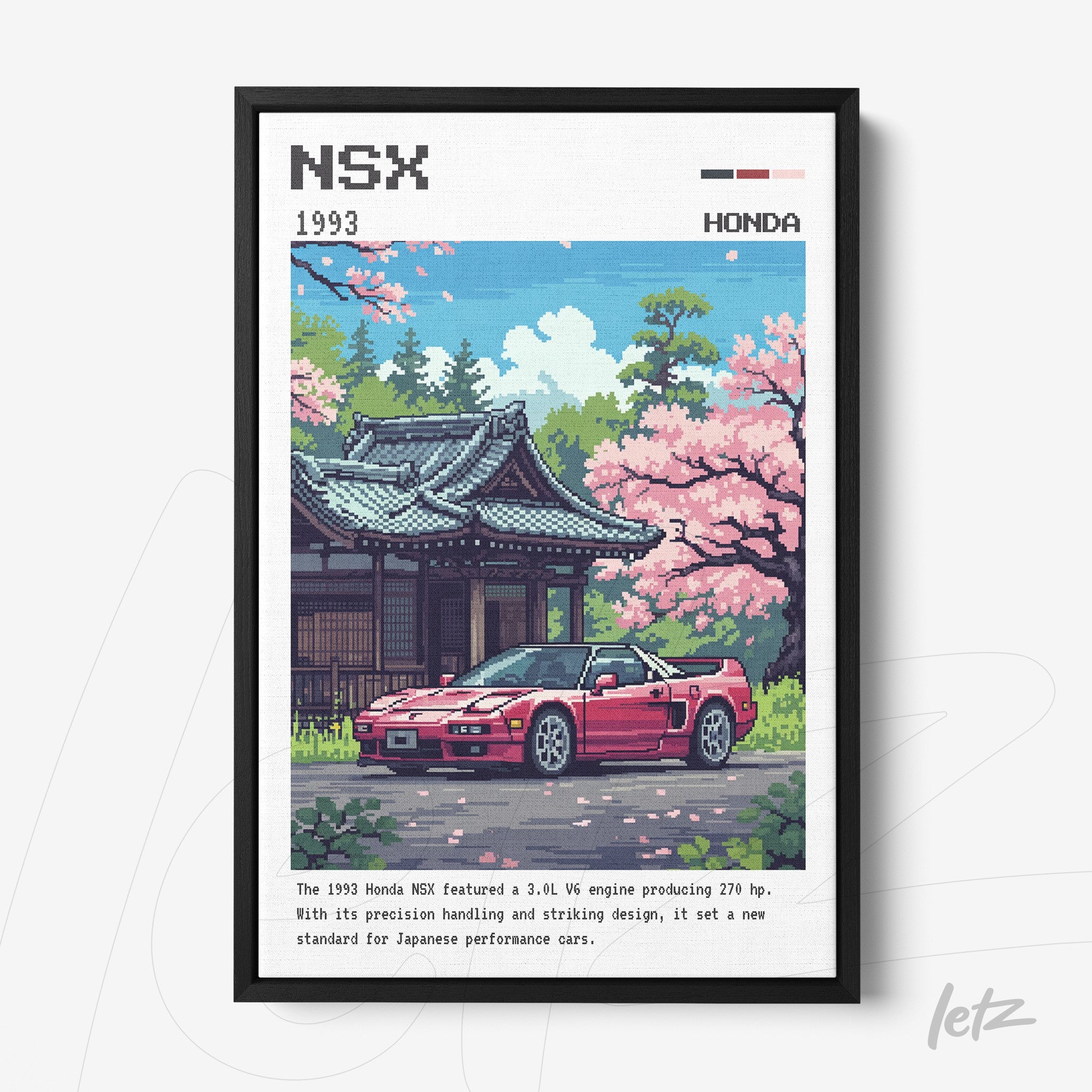 framed pixel art of the 1993 Honda NSX in front of a Japanese temple, surrounded by cherry blossom trees