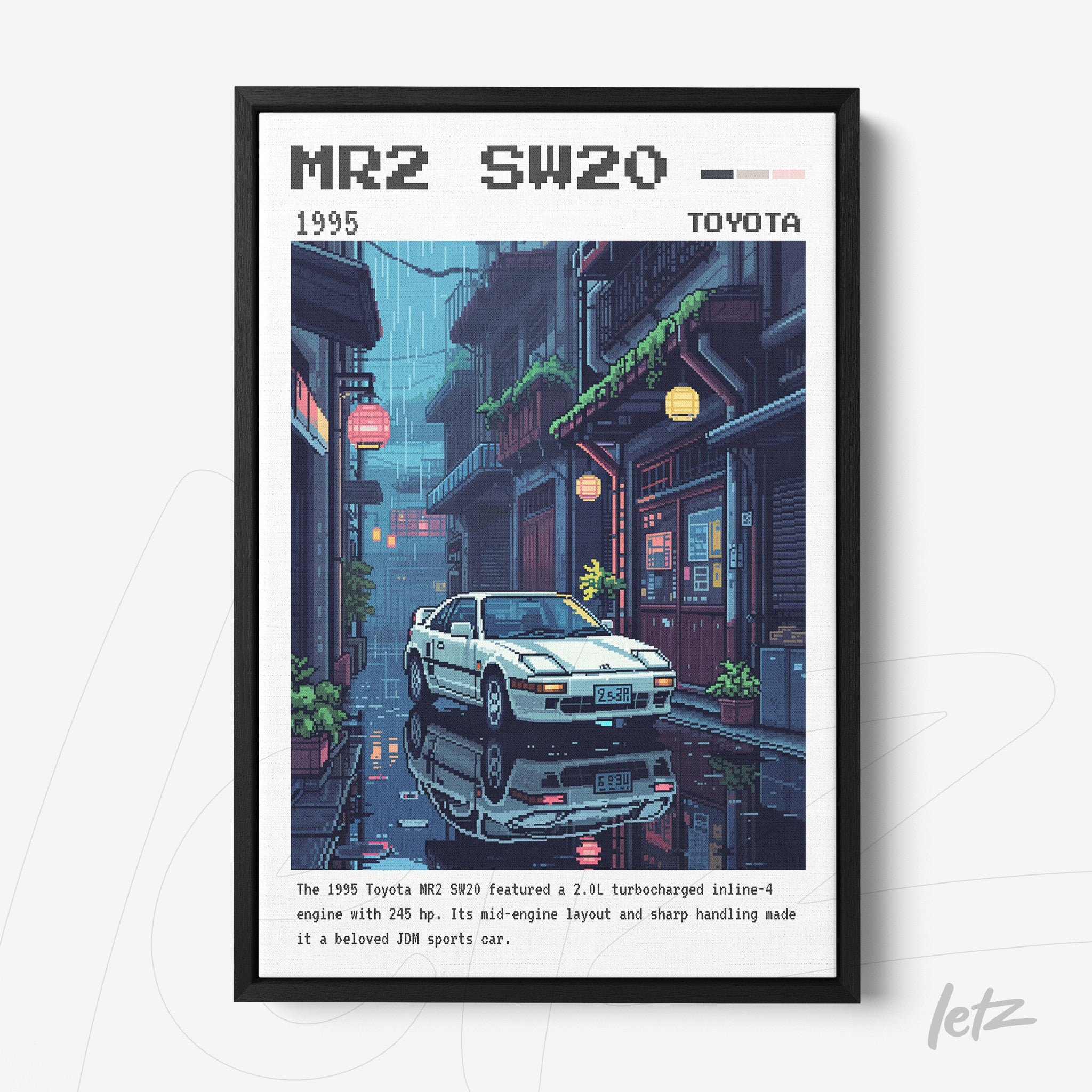 pixel art print featuring a Toyota MR2 in a rainy street with Asian architecture in the background, framed in black