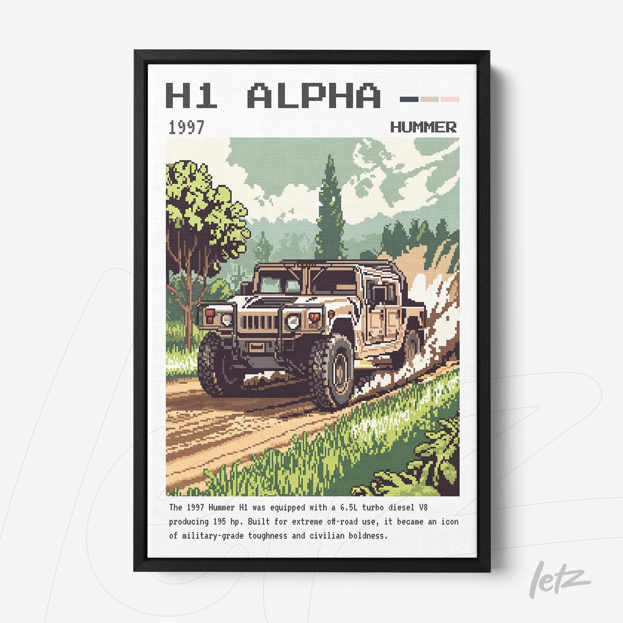 framed pixel art illustration of a 1997 Hummer H1 on a dirt road with trees in the background