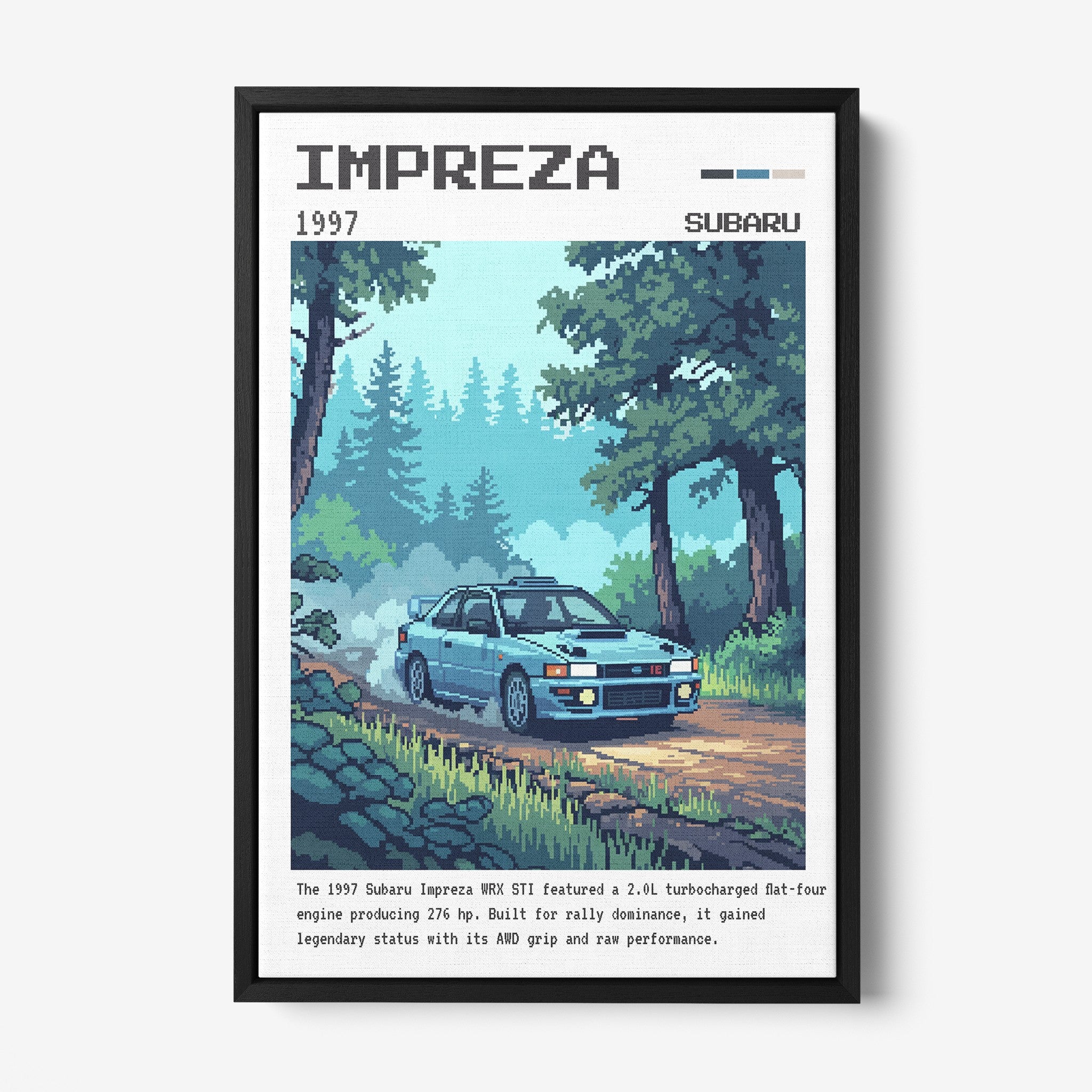 pixel art framed illustration of the 1997 Subaru Impreza WRX STI with black frame