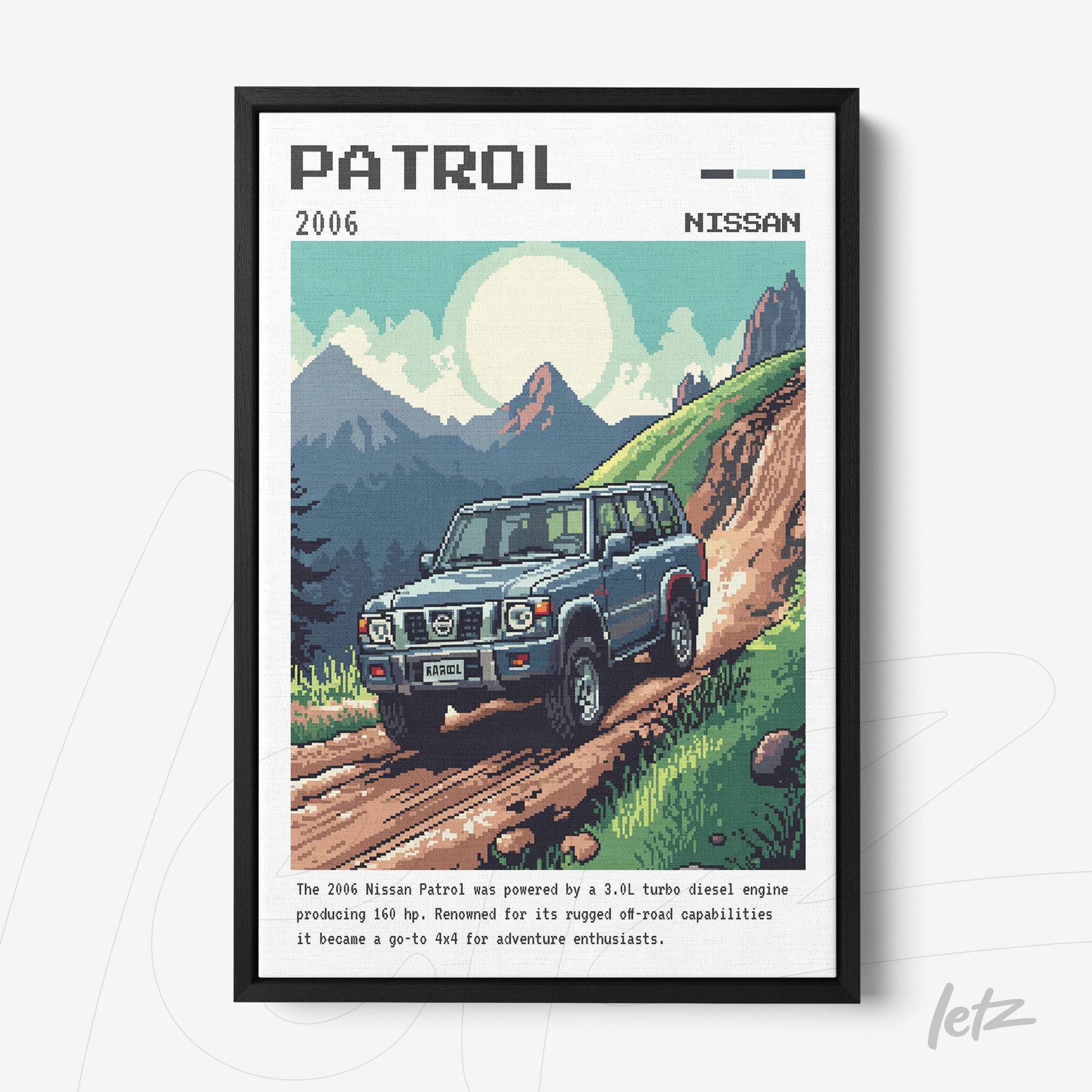 framed wall art featuring retro illustration of 2006 Nissan Patrol on dirt trail