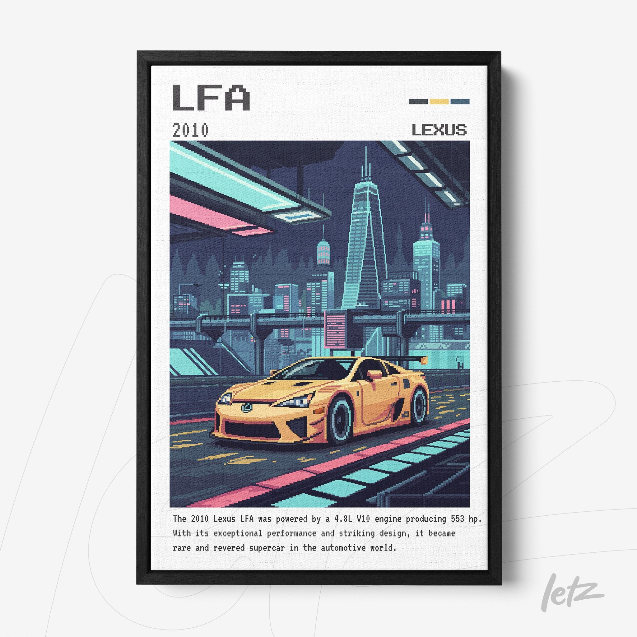 framed digital artwork of the Lexus LFA sports car in a futuristic urban setting