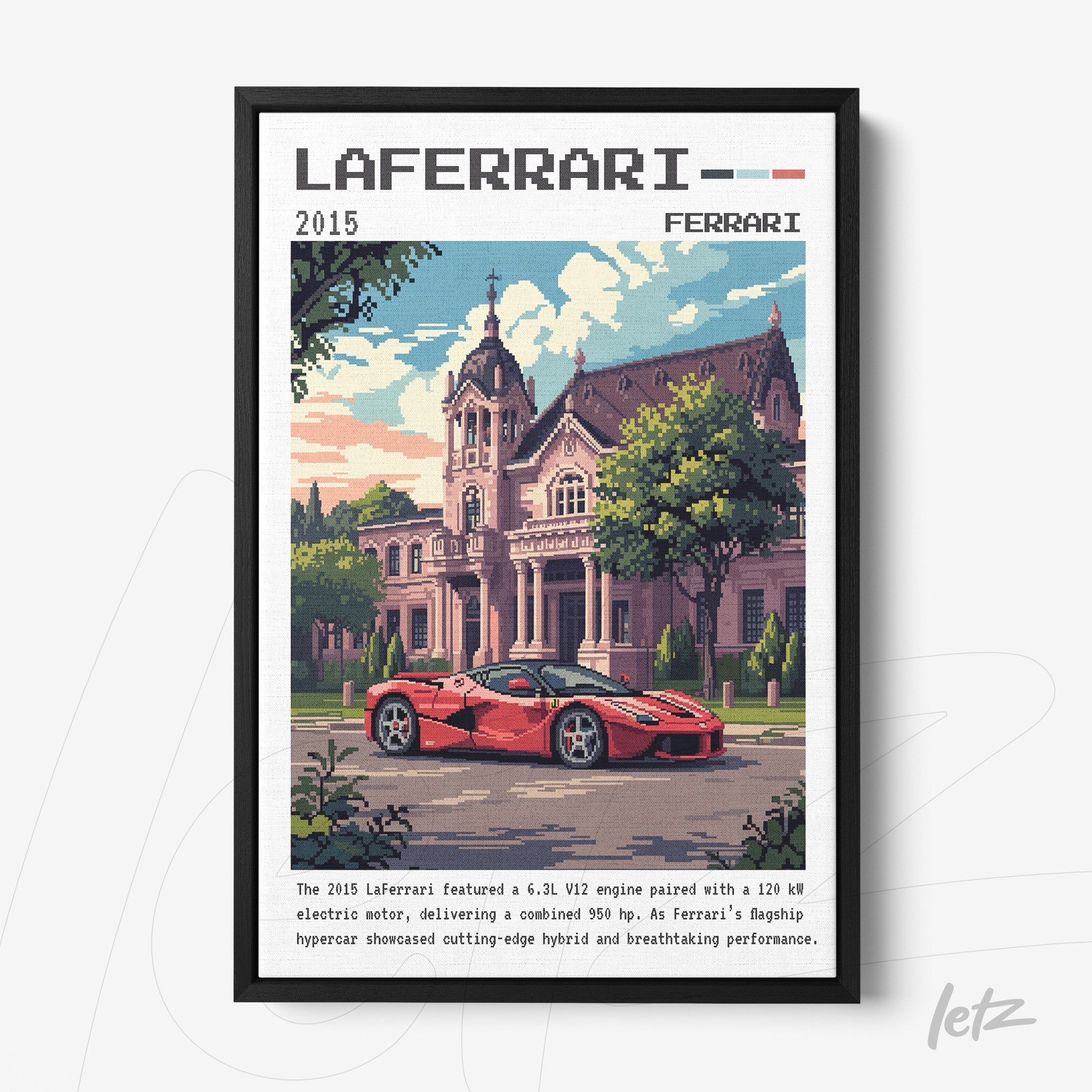 framed pixel art featuring a LaFerrari car in front of a historic mansion