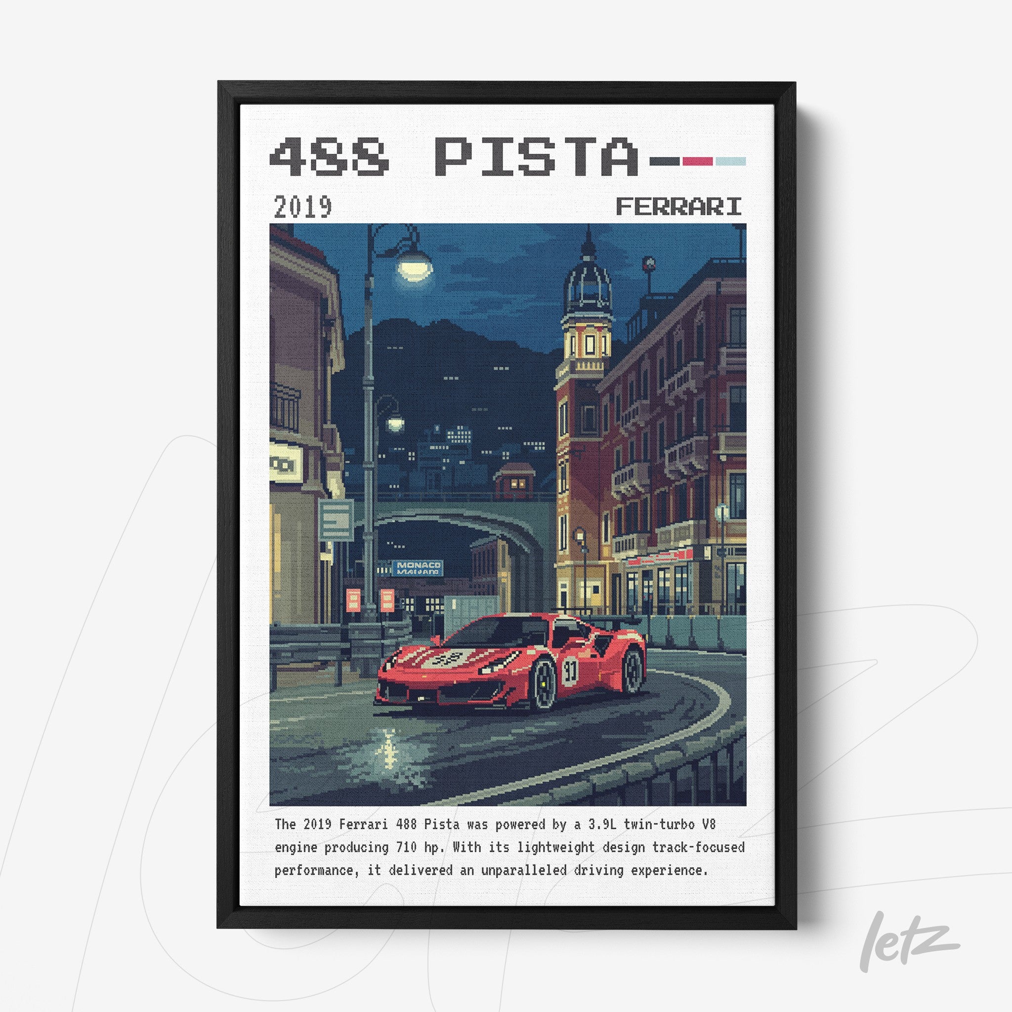 pixel art print of the Ferrari 488 Pista in black frame, showcased on a nighttime street with European buildings in the background