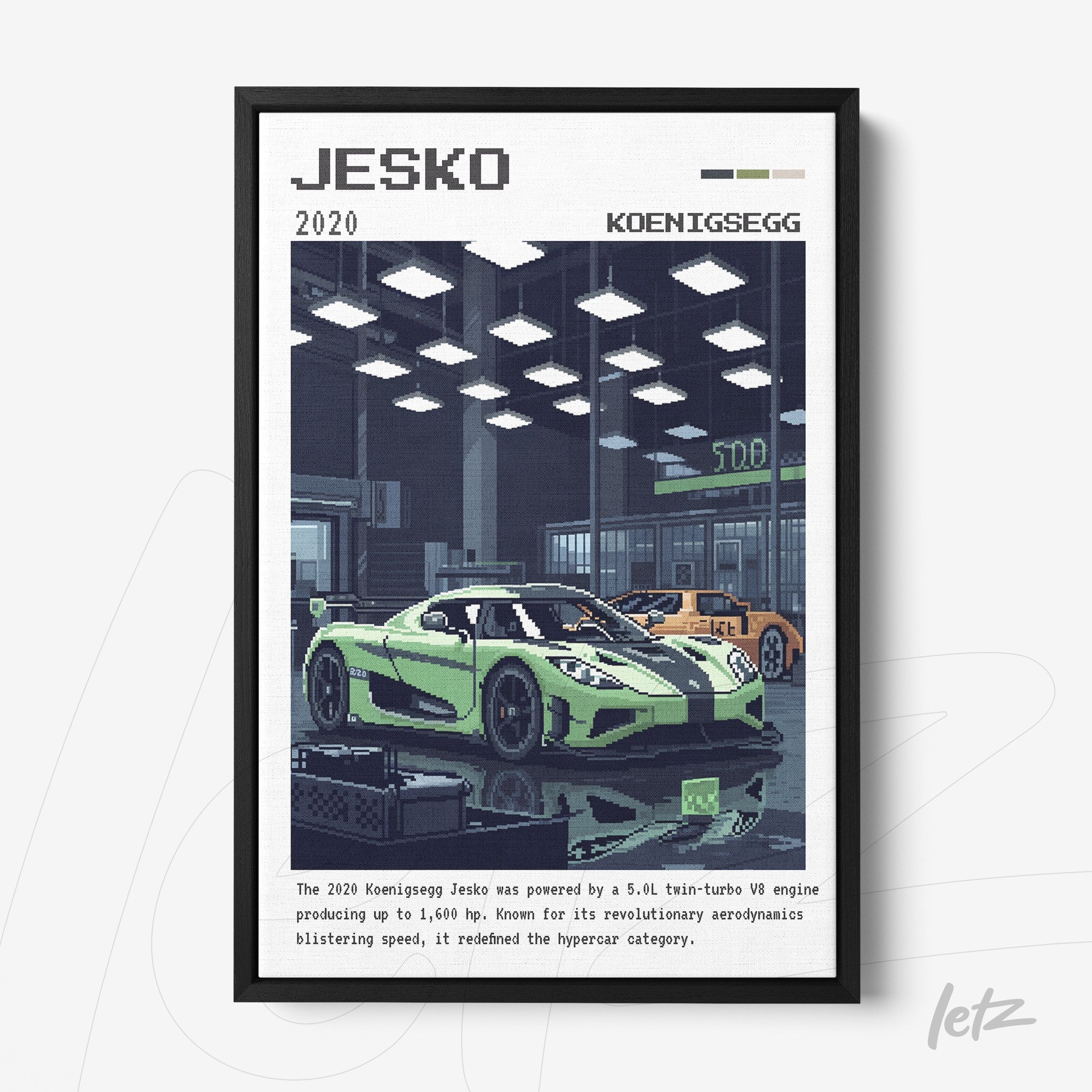 framed digital art of a Koenigsegg Jesko sports car with a workshop background