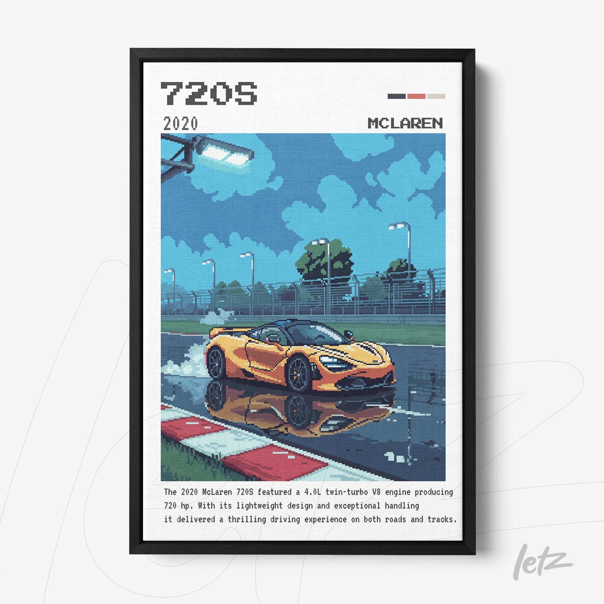 framed digital artwork of a McLaren 720S on a racetrack, showcasing the yellow car beside puddles reflecting the light