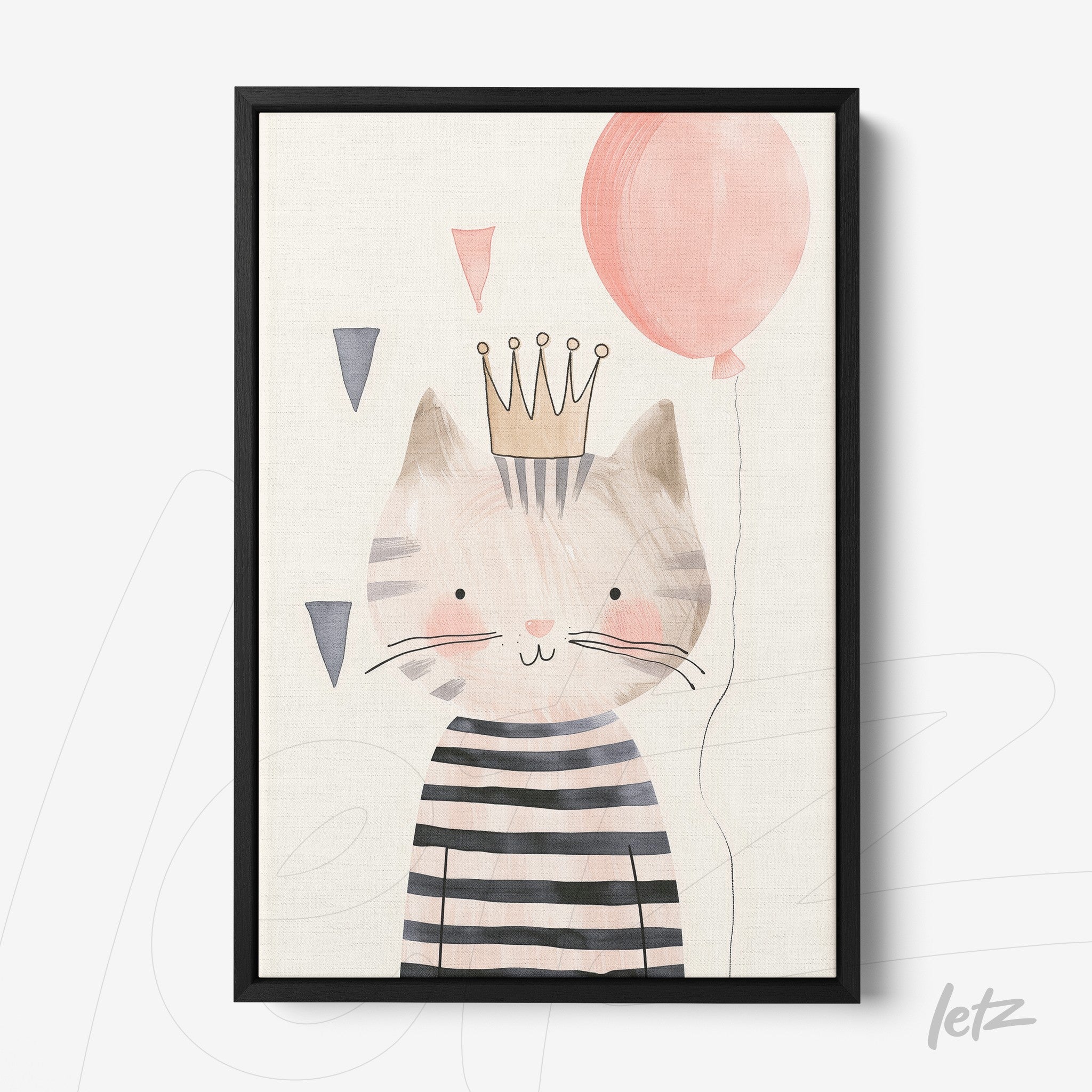 framed wall art featuring a cute cat with a crown and balloon against a light background