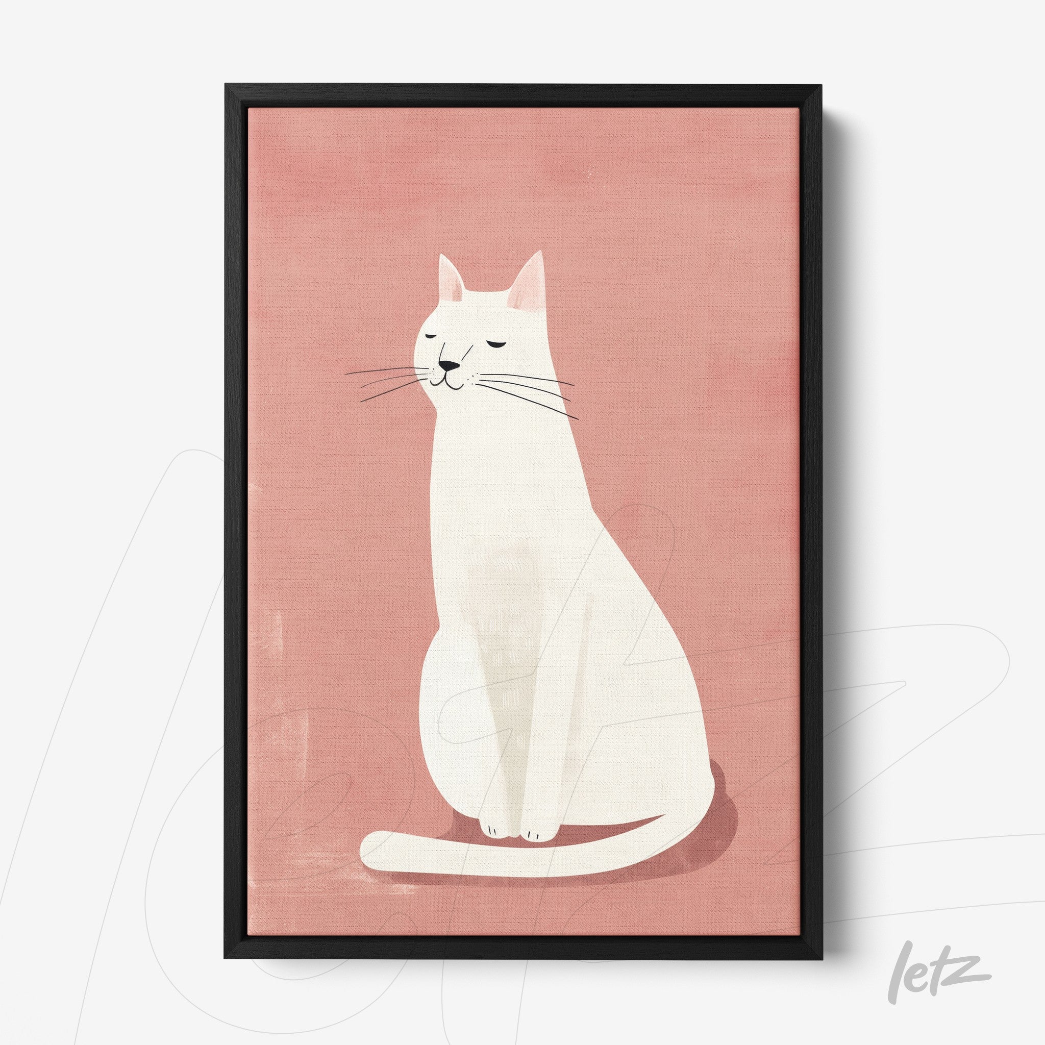 framed artwork featuring a minimalist illustration of a white cat against a pink background