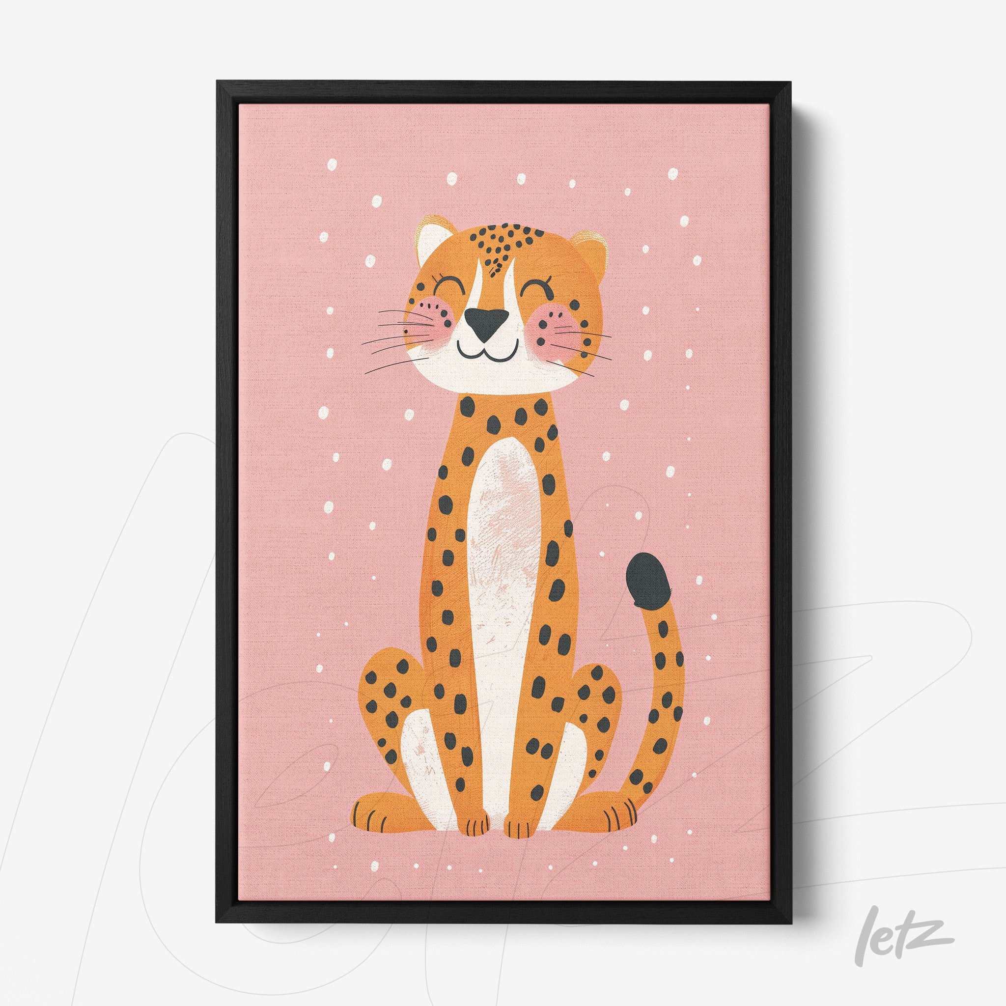 framed artwork of a smiling leopard on a pink background with black frame
