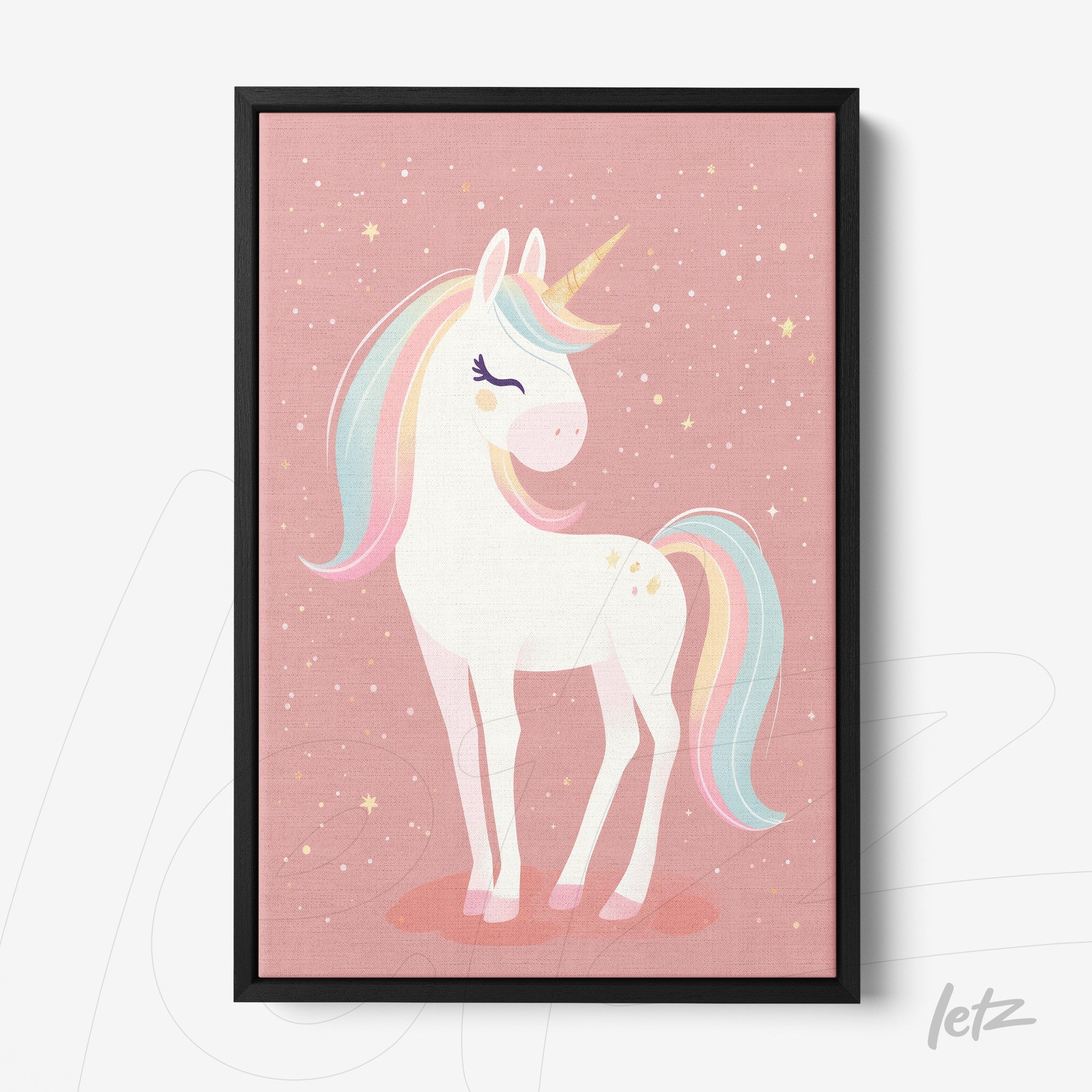 framed art featuring a unicorn illustration on a light pink background with black frame