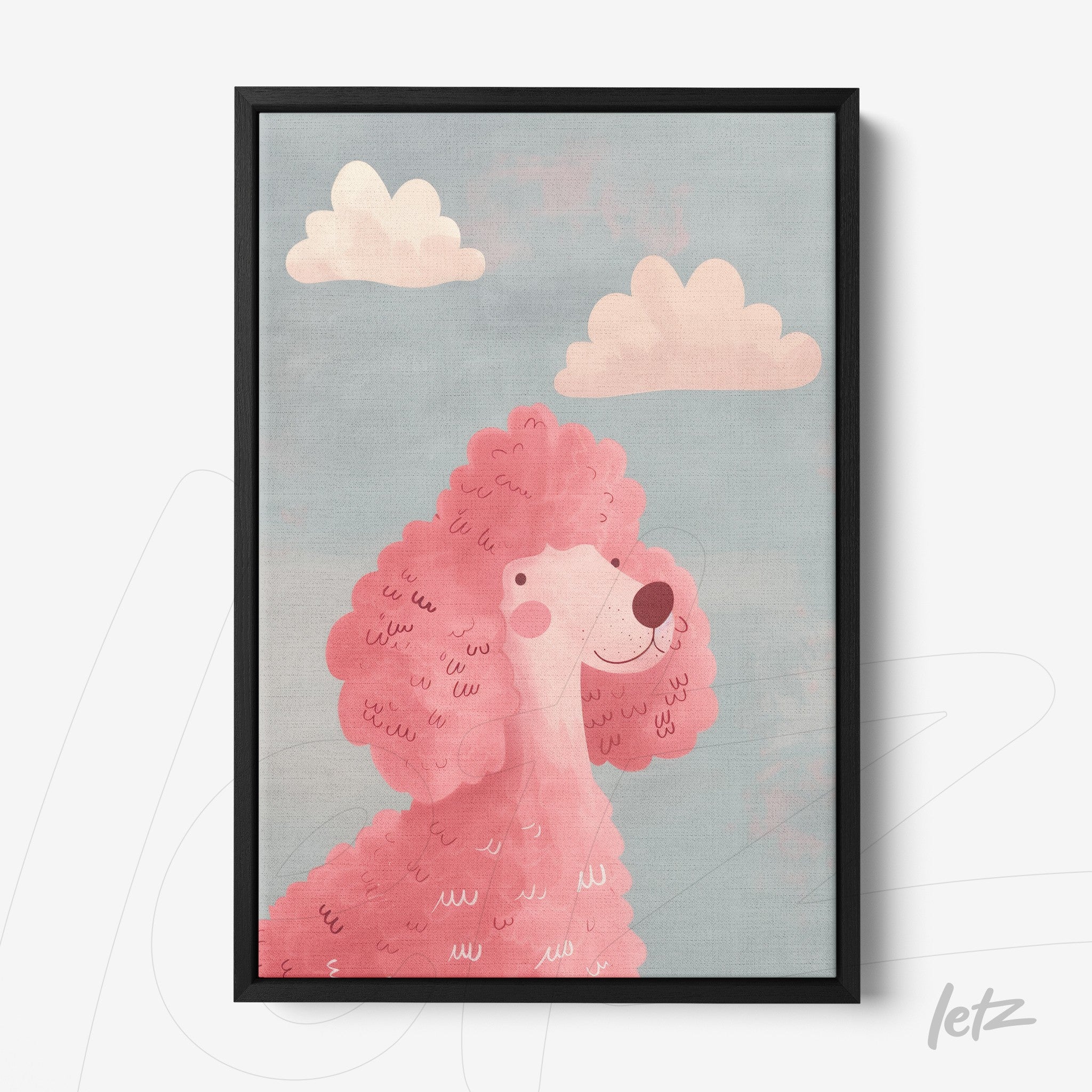 framed artwork featuring a pink poodle against a blue sky with light clouds