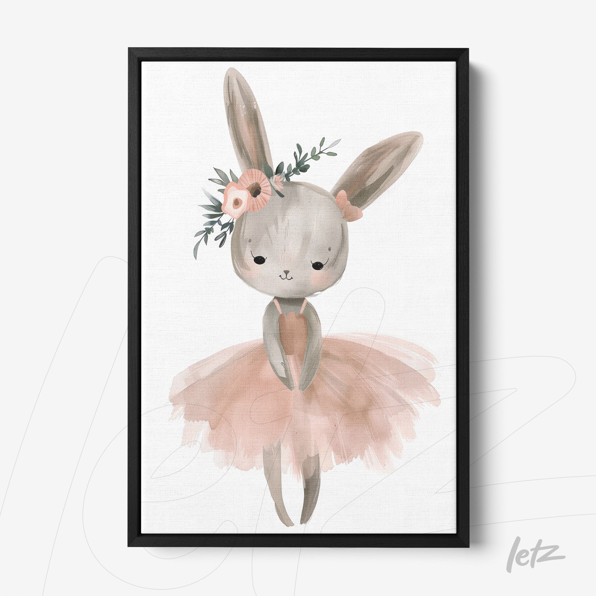 framed children's art of a bunny wearing a pink tutu and a flower on its ear