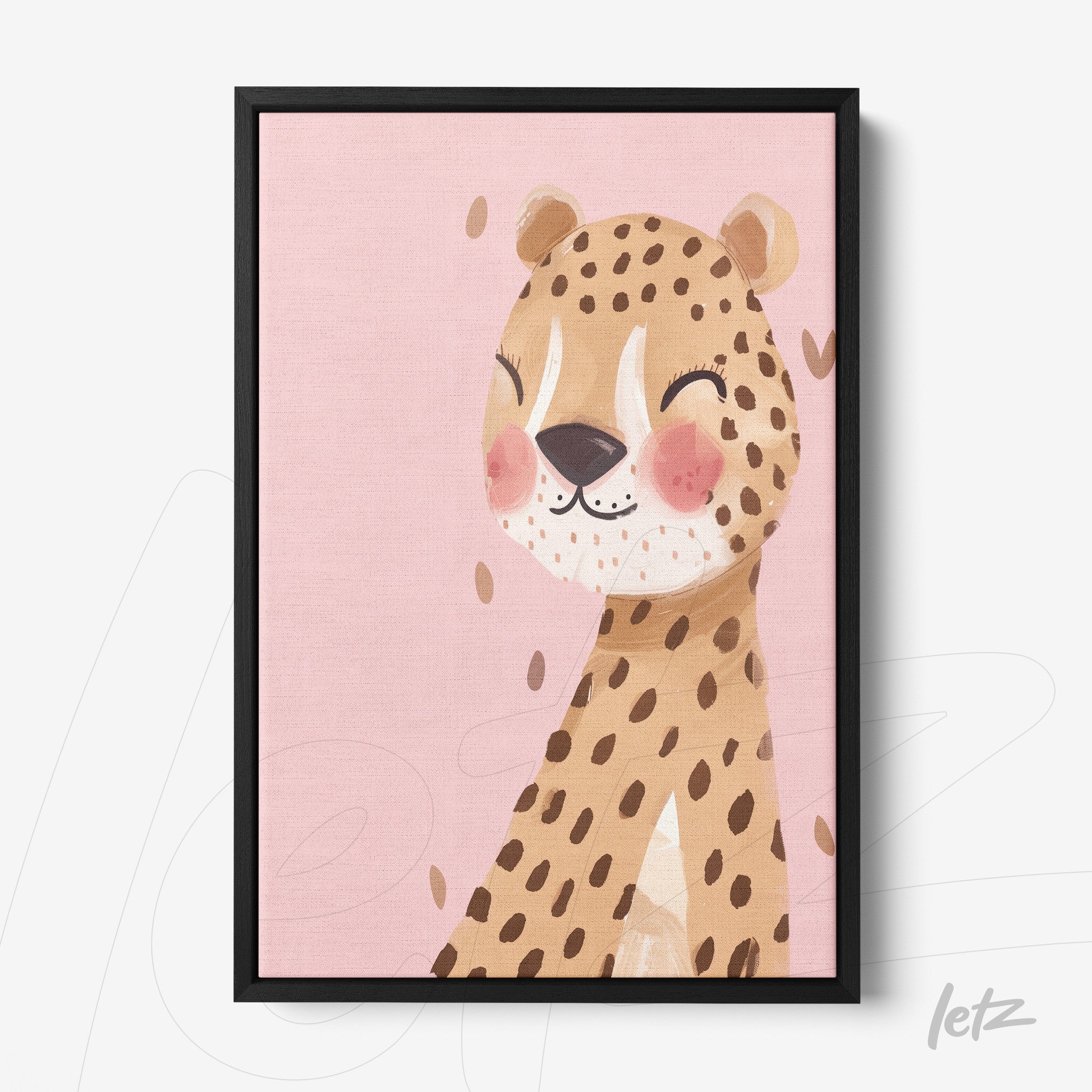 framed art featuring a smiling leopard illustration on pink background with black frame