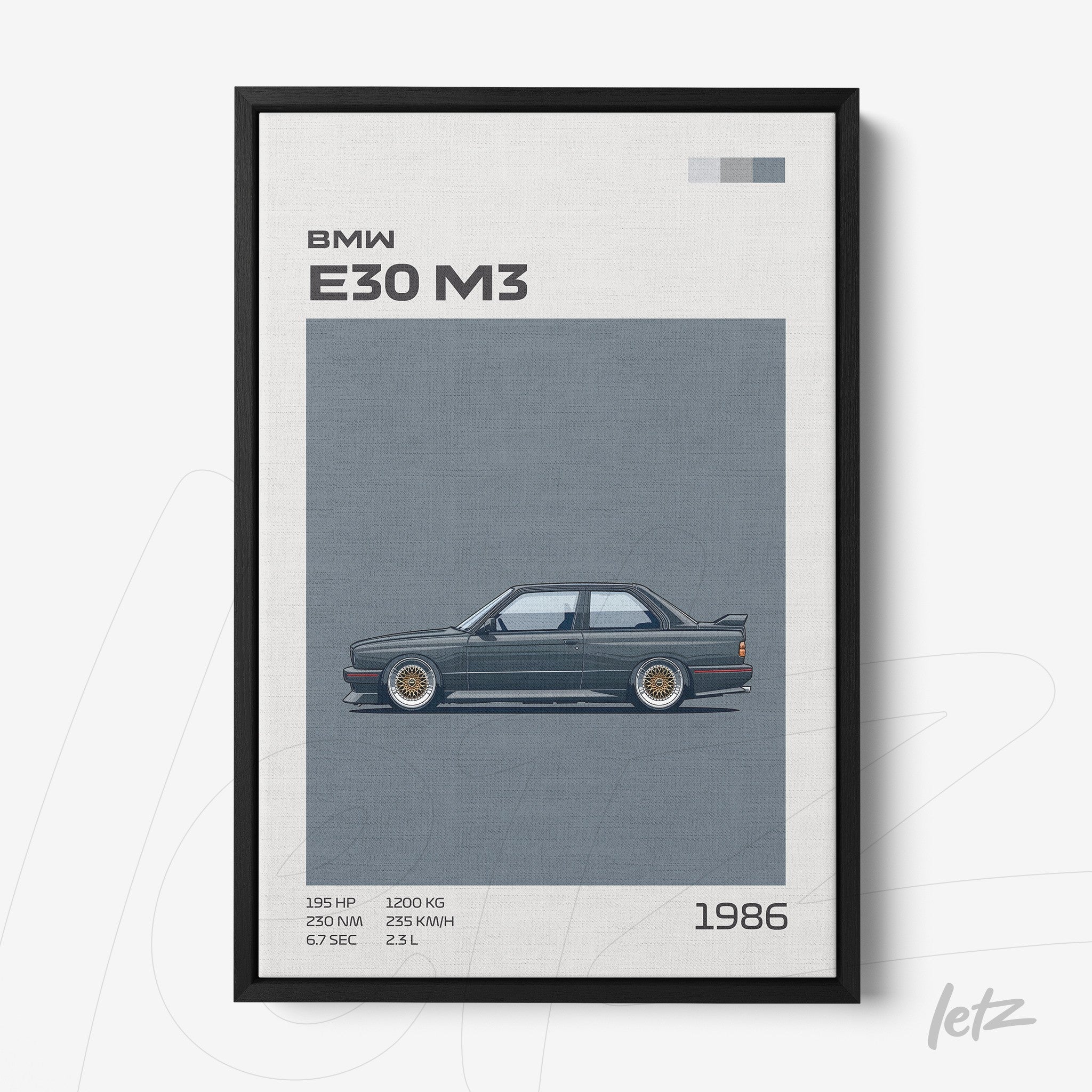 framed wall art featuring a sporty BMW E30 M3 illustration with black frame, light background and blue accents along with text information