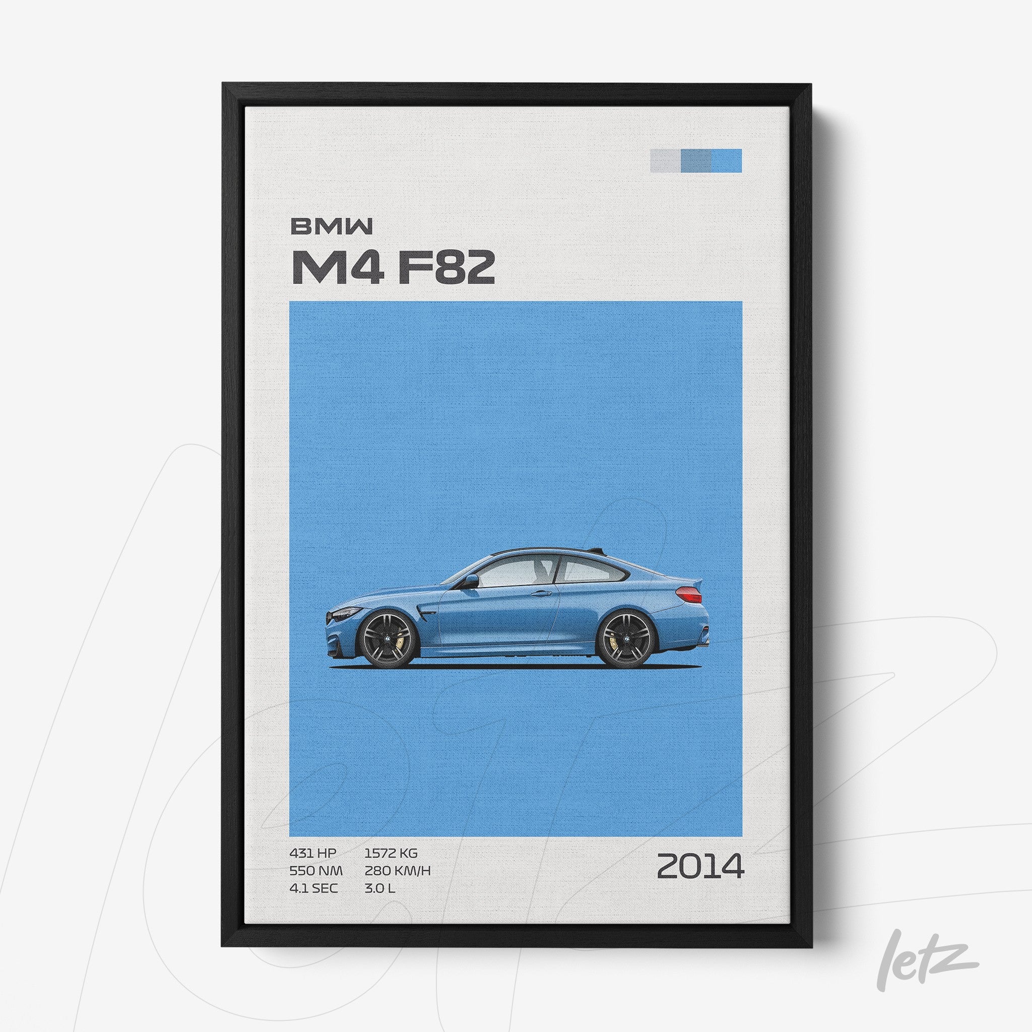 framed artwork featuring the BMW M4 F82 car against a vibrant blue background with a black frame