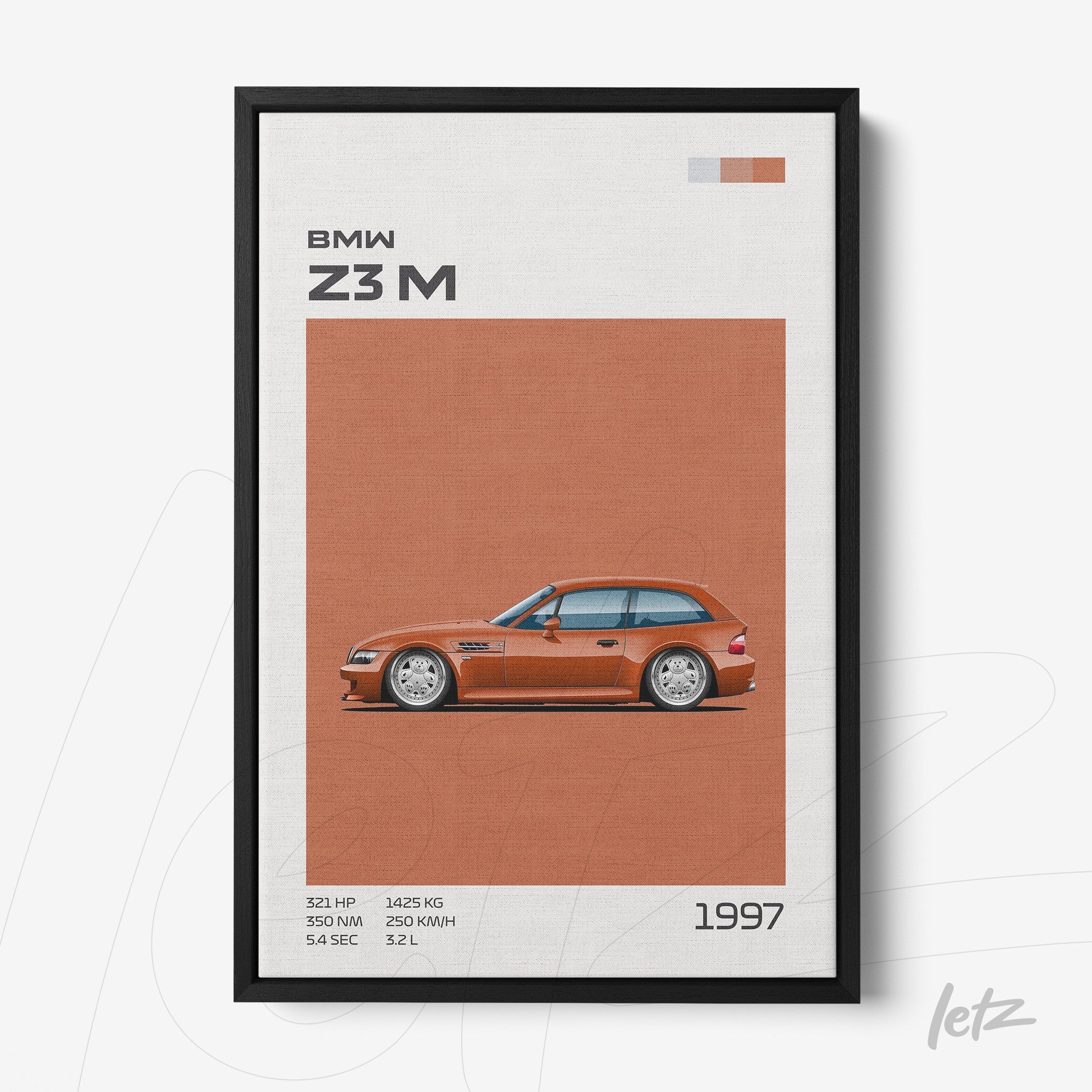 framed art featuring the 1997 BMW Z3M illustration with a black frame and a textured orange background