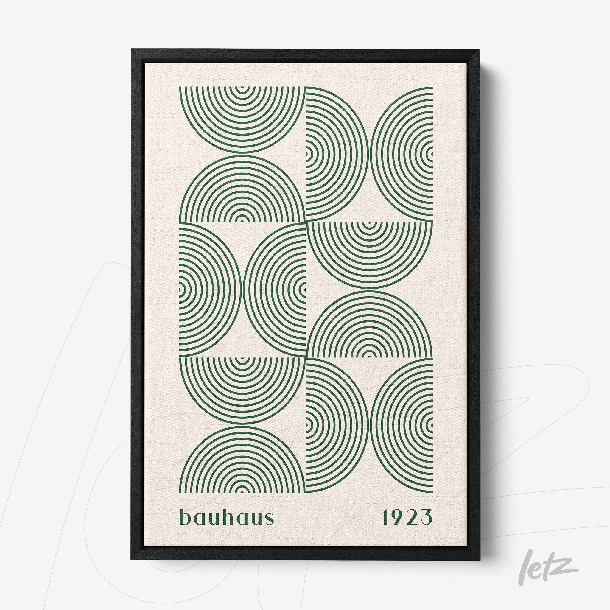 poster print with geometric bauhaus style design featuring green circles on beige background framed in black