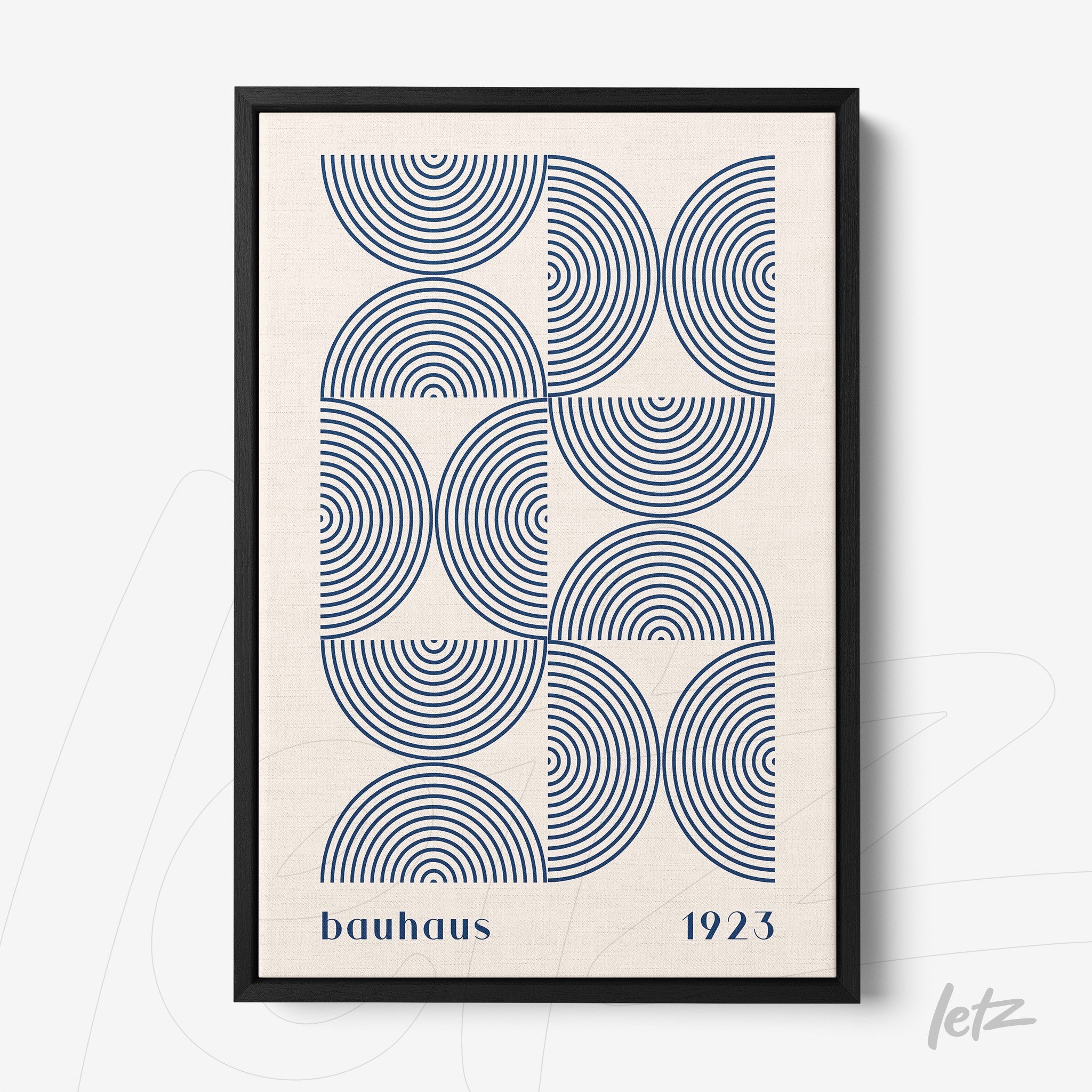 poster print featuring geometric art of circles and lines in blue with a thin black frame