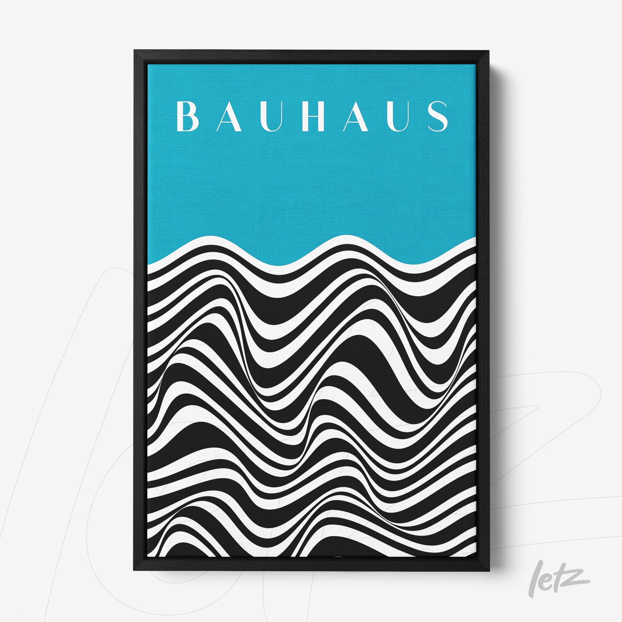 framed art featuring black and white geometric waves against a blue background with black frame