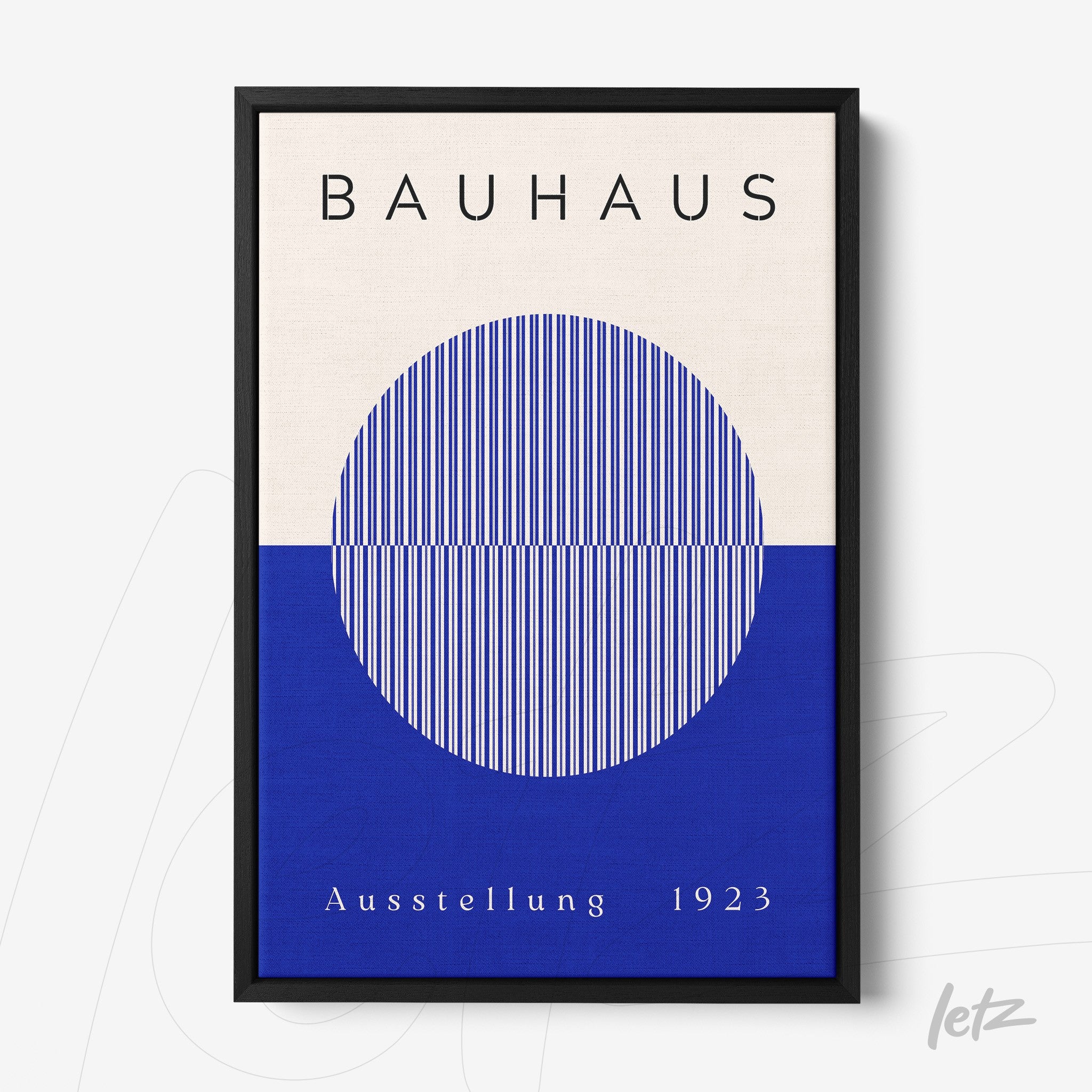 1923 Bauhaus inspired wall art with geometric shapes in blue and black frame