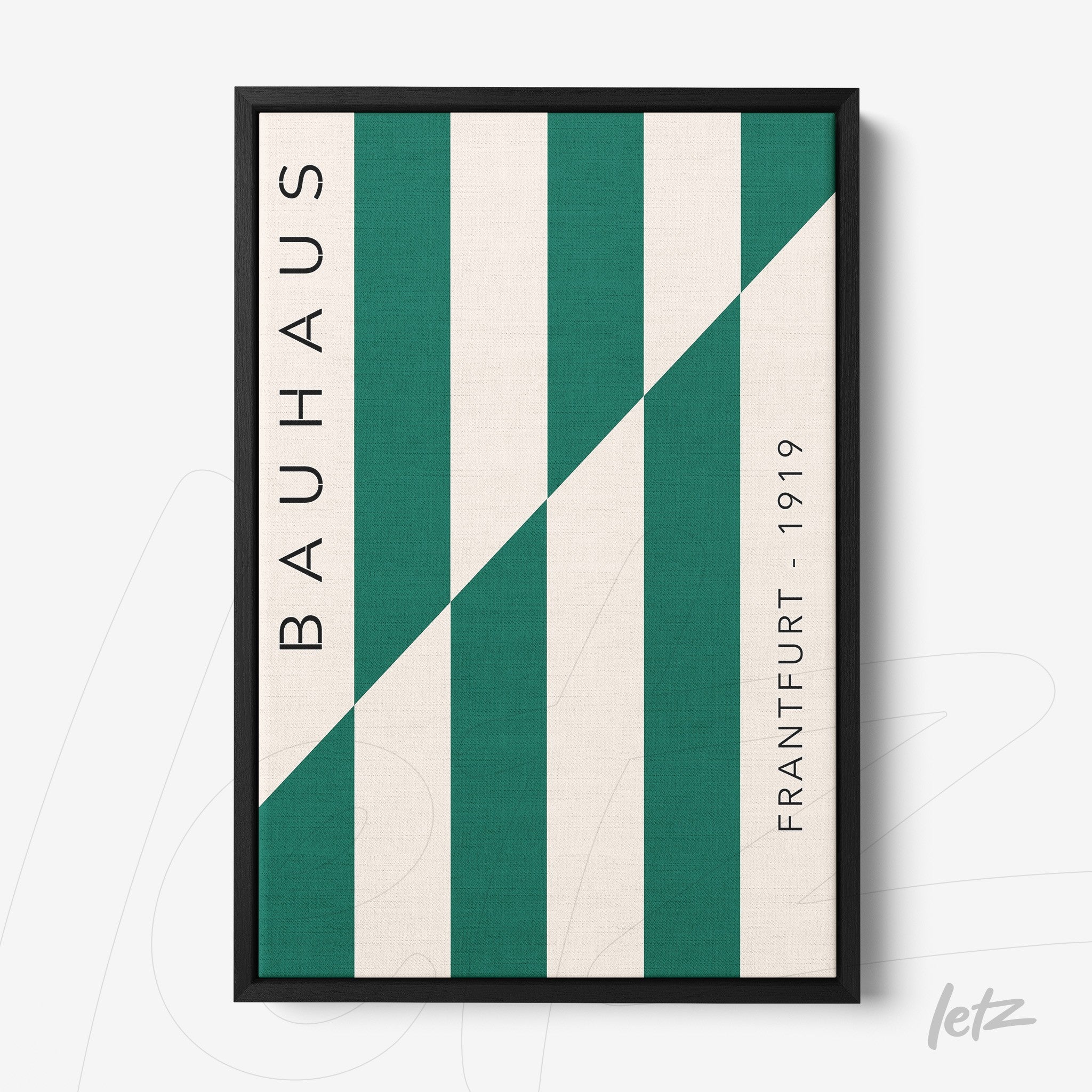 geometric art print in green and white with text bauhaus frankfurt 1919 in black frame