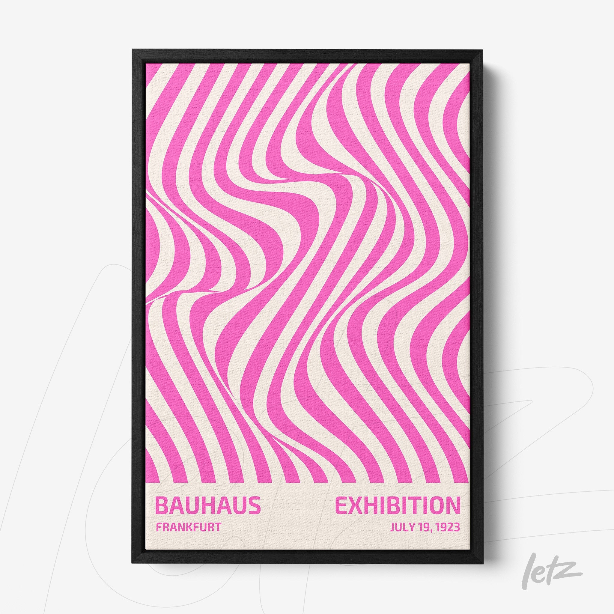 poster featuring abstract wave lines in pink on beige background, framed in black