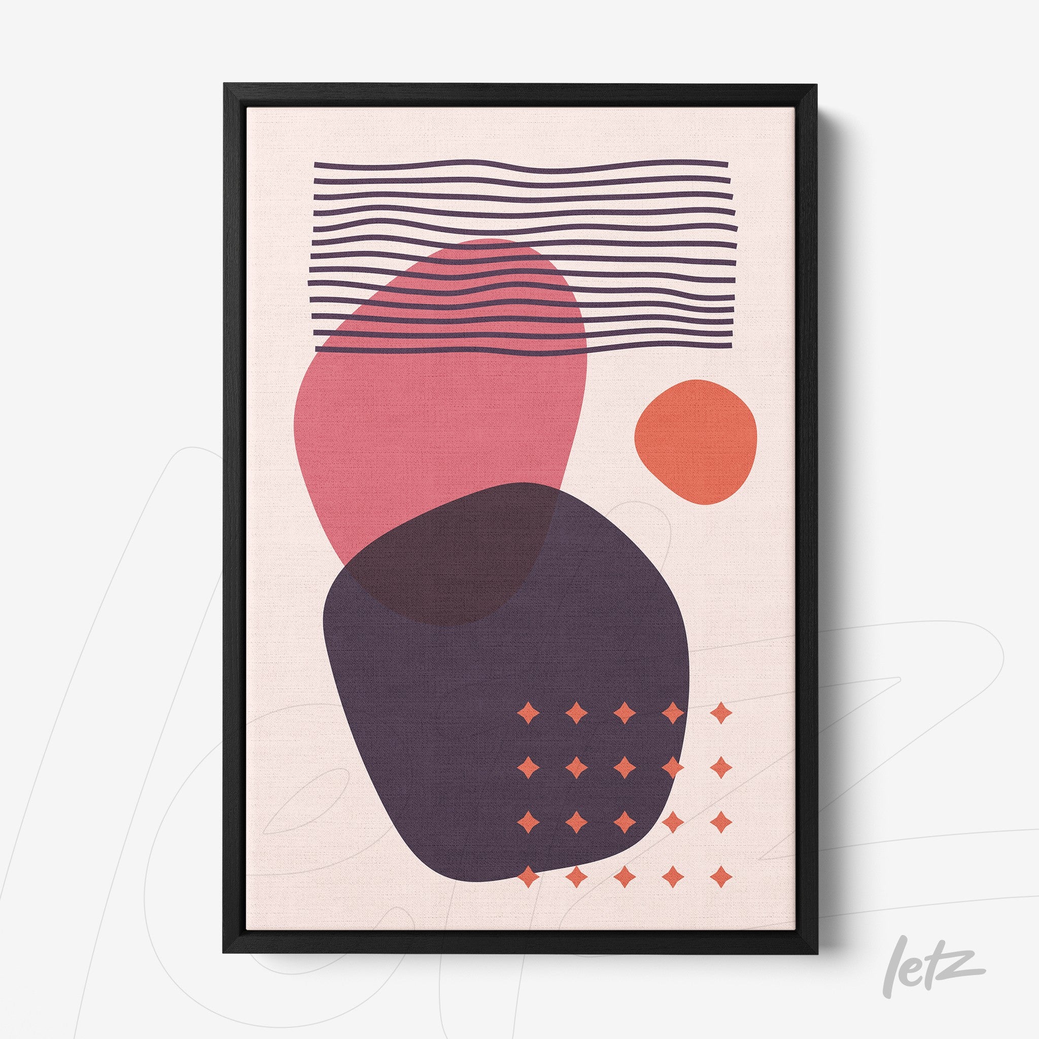 abstract poster with colorful geometric shapes in a black frame