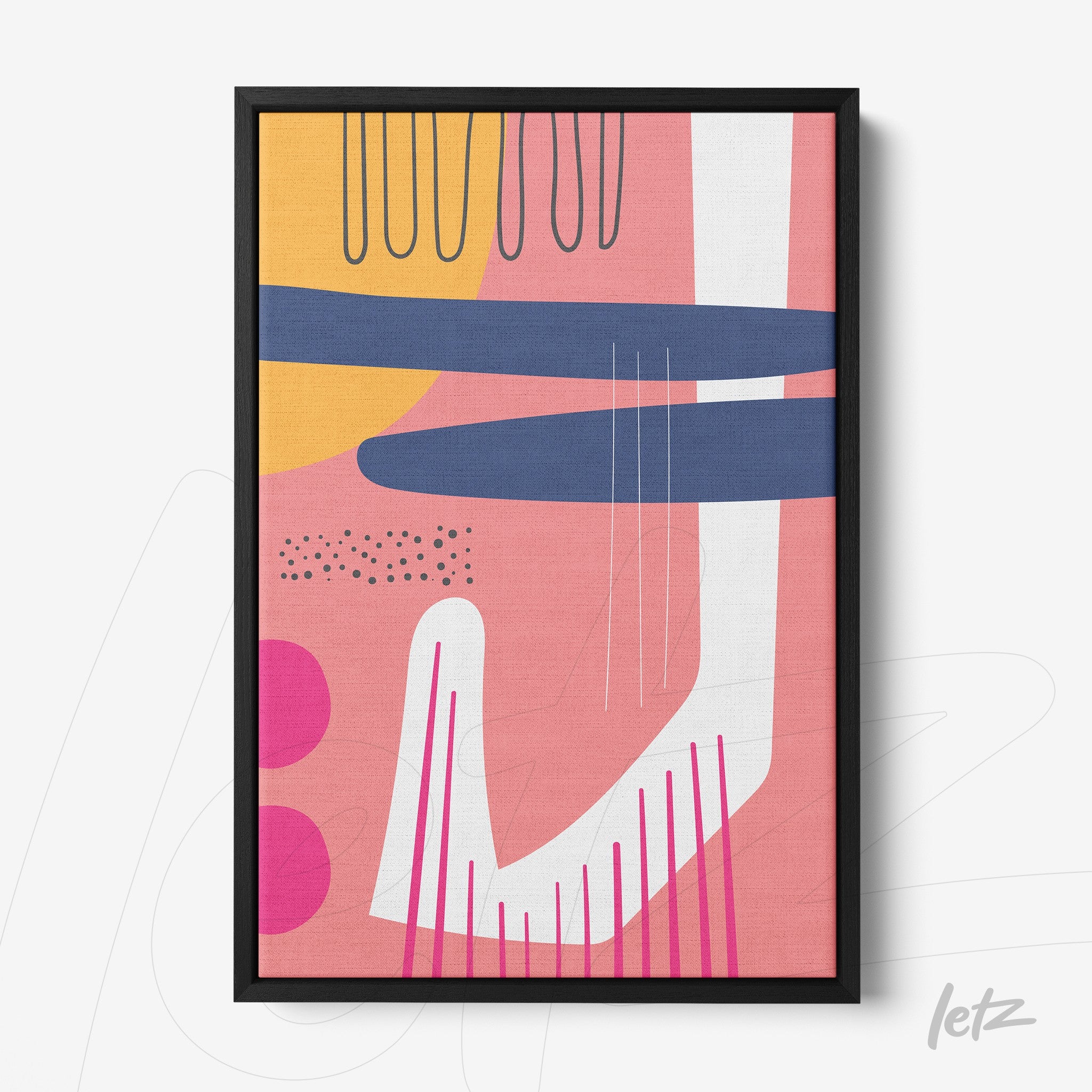 tela em canvas com arte boho de formas geométricas coloridas em moldura preta