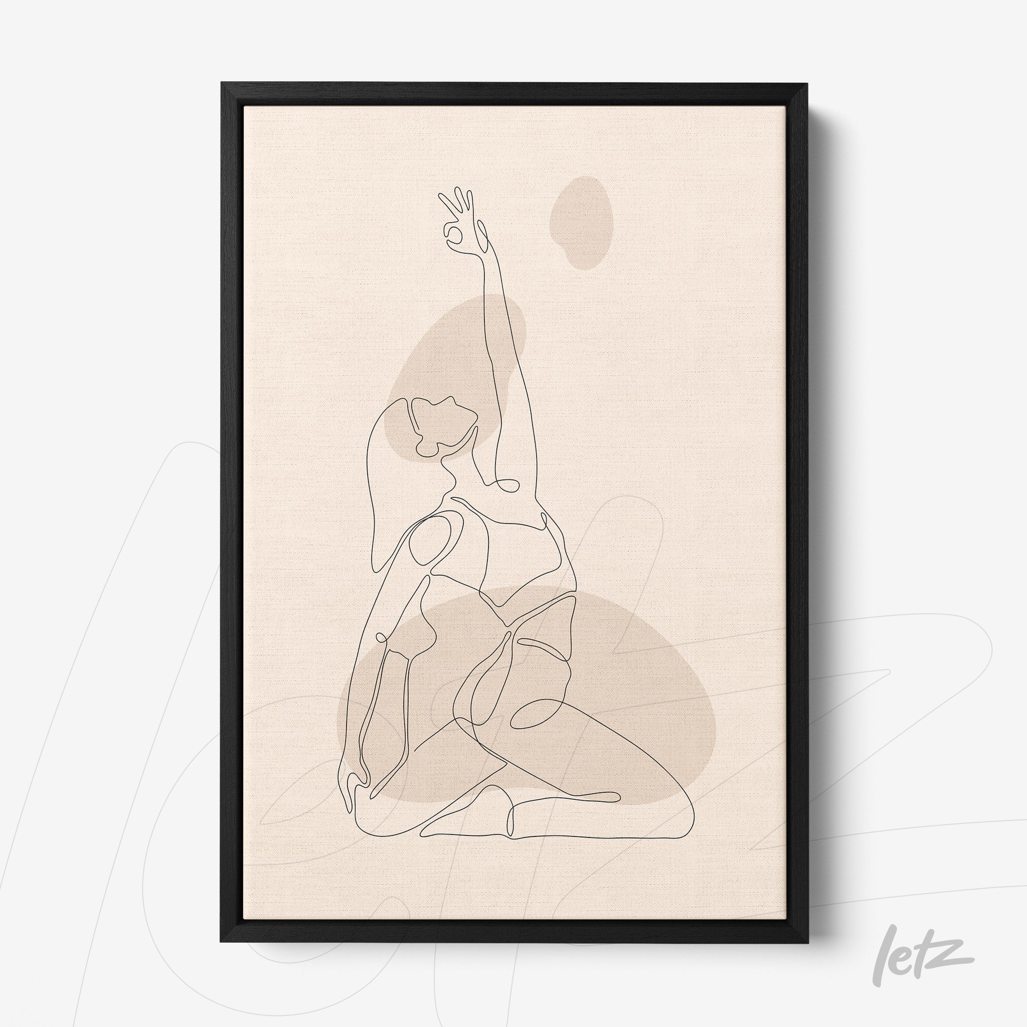 minimalist line art of a woman in a yoga pose framed with thin black border