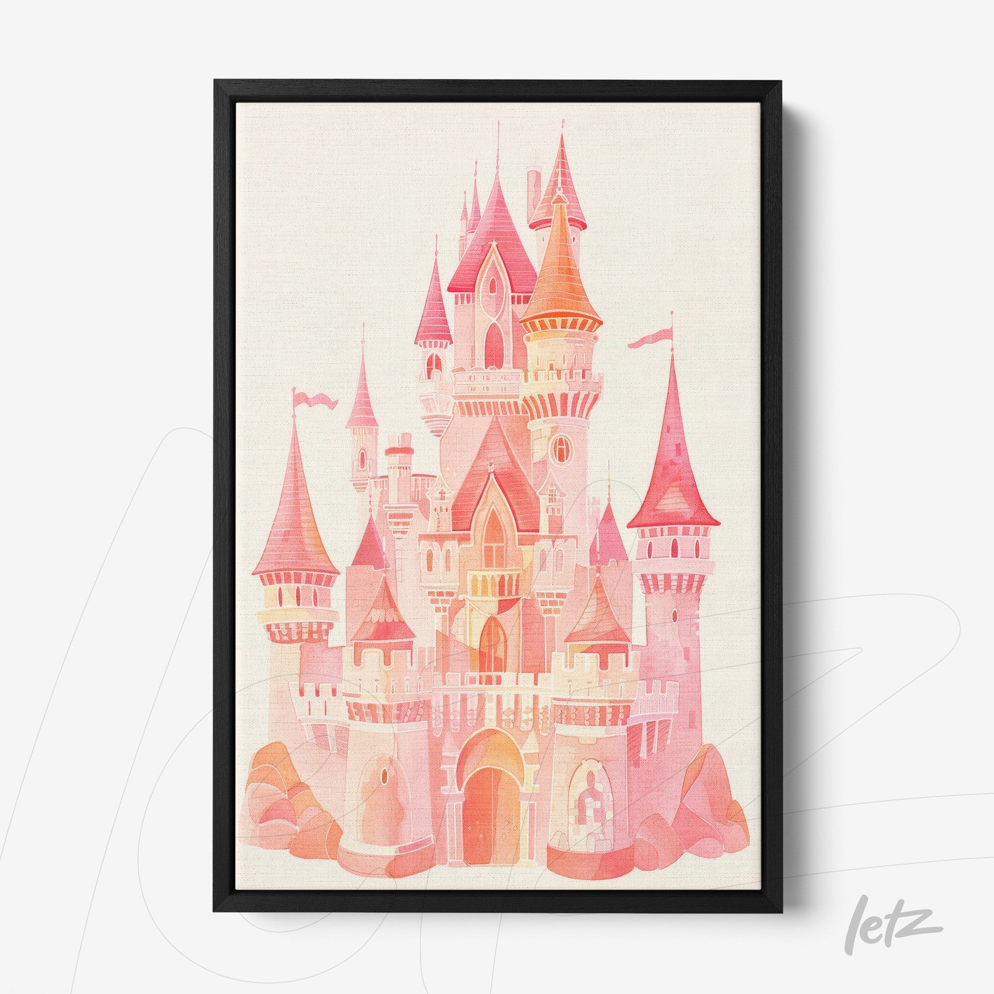 framed wall art featuring a pink castle illustration with a black frame against a light background