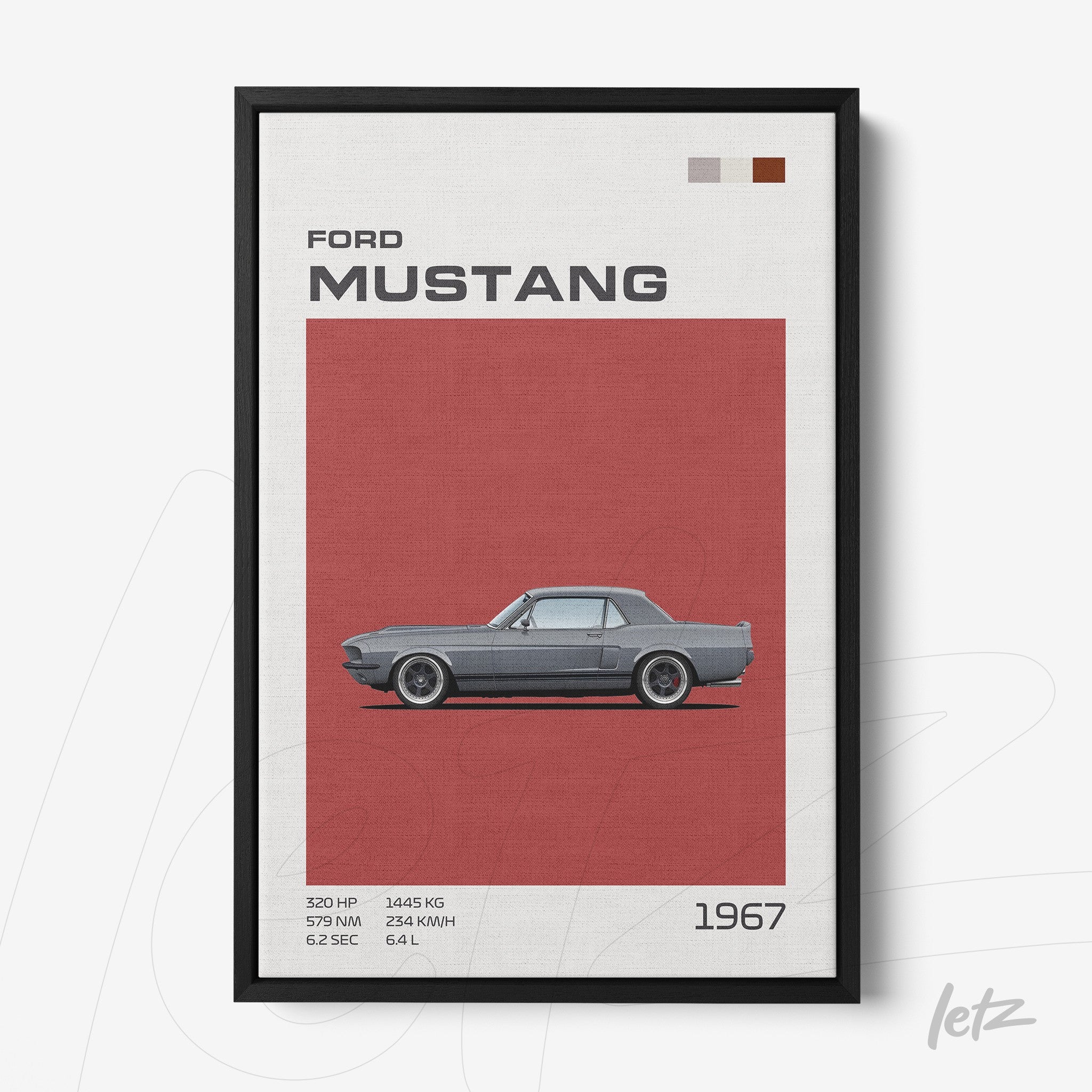 framed digital art of a 1967 Ford Mustang on a red background with a black frame