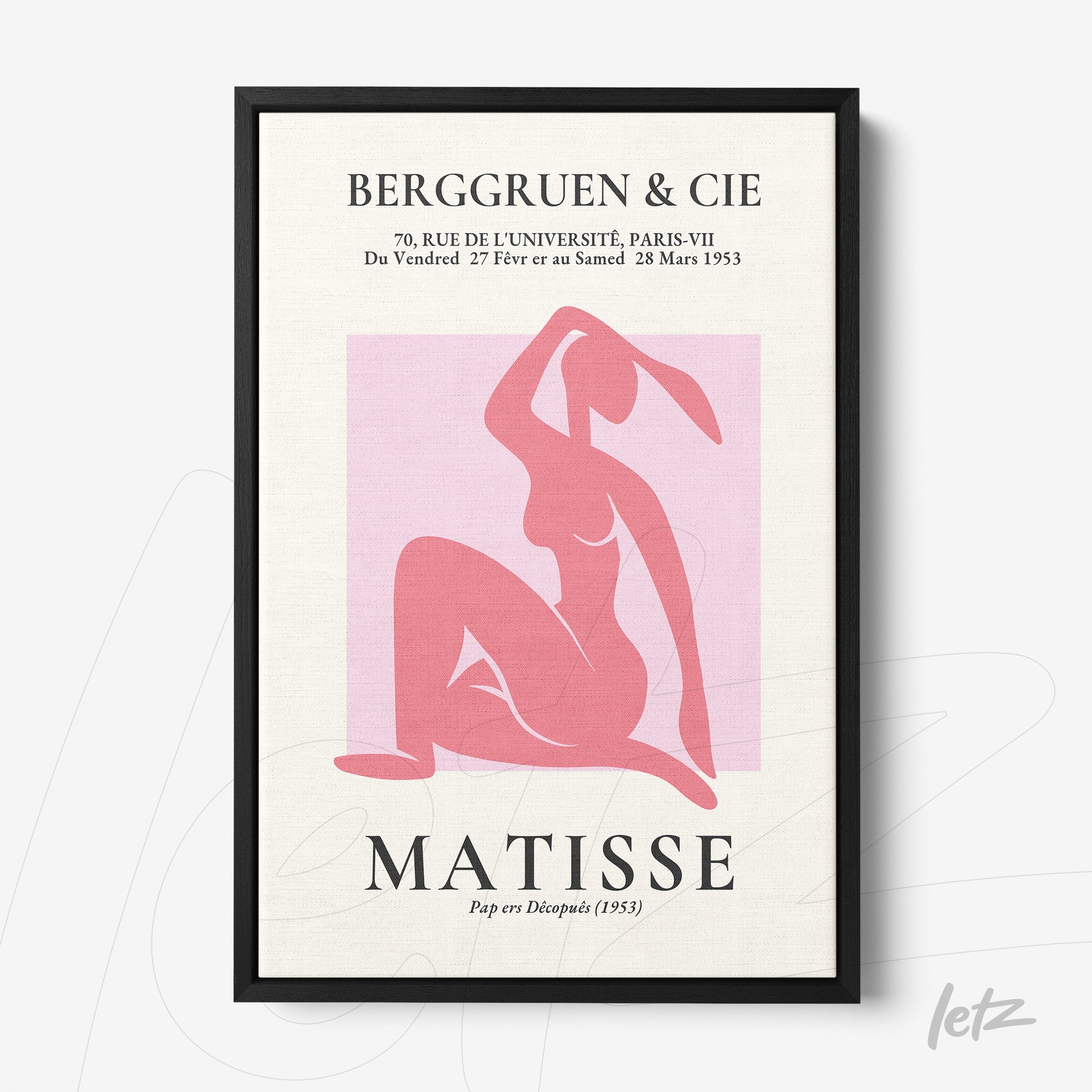 framed artwork featuring a minimalist depiction of a female figure in shades of pink