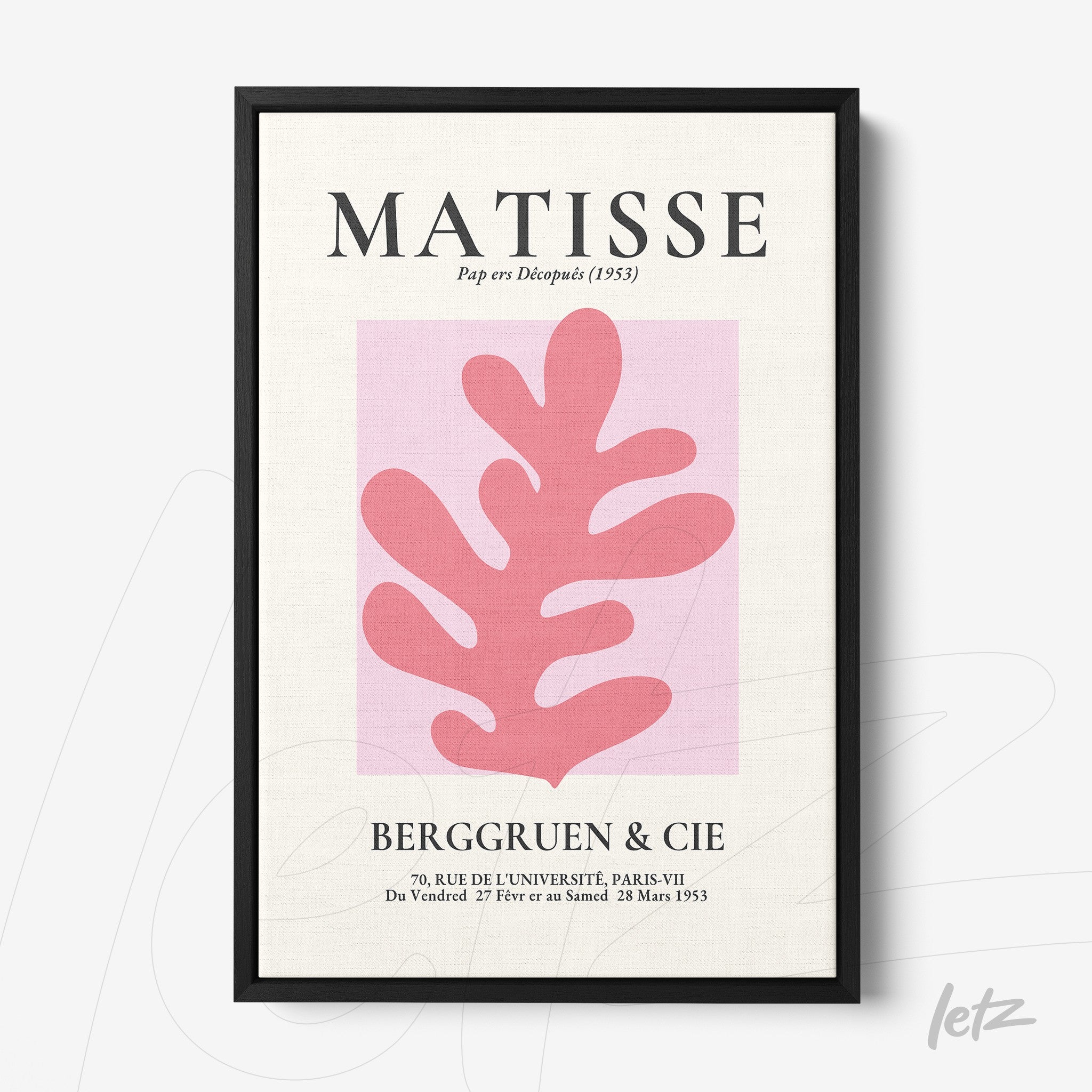 framed art inspired by Matisse showcasing a pink leaf on light pink background with black frame