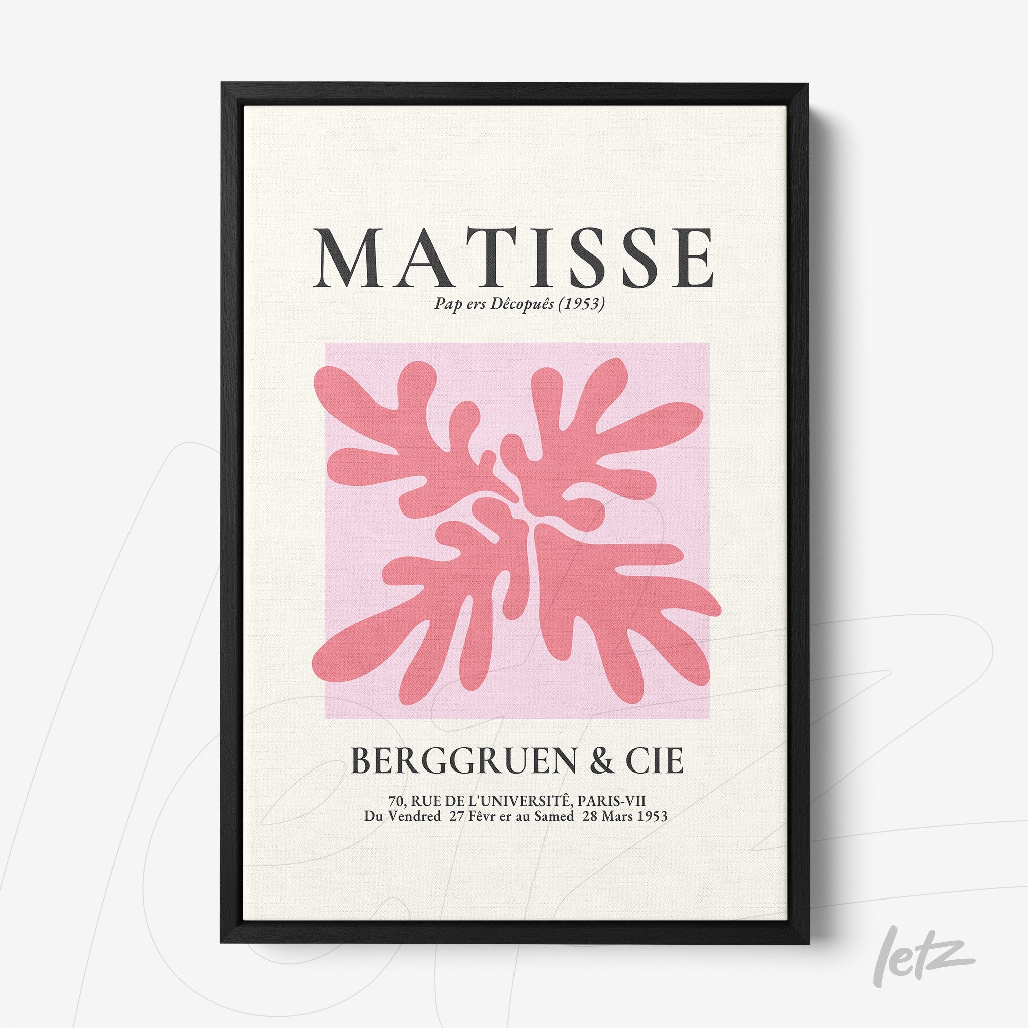 modern art print of Matisse in black frame featuring organic shapes in shades of pink on light background