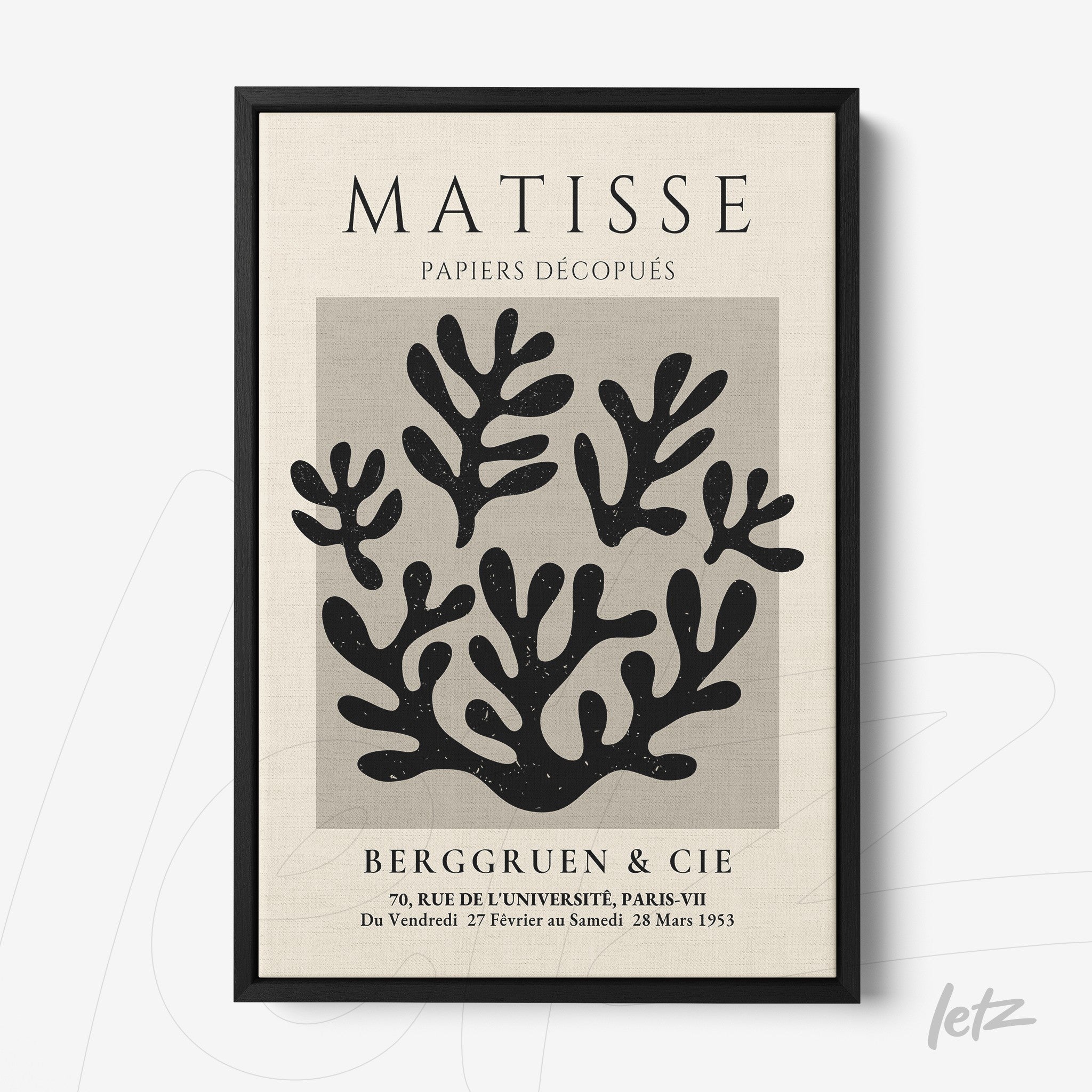 framed artwork featuring abstract black shapes on a light background with a fine black frame and prominent title at the top