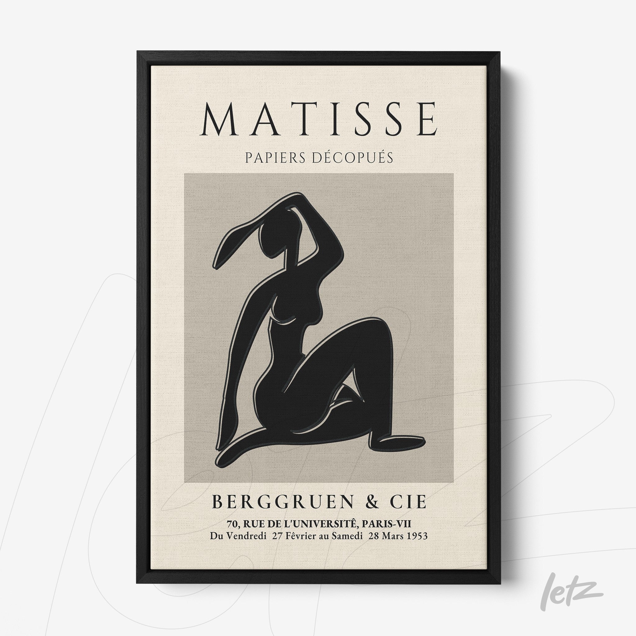 framed artwork in black and white depicting a stylized female figure in a pose with a black frame and neutral background
