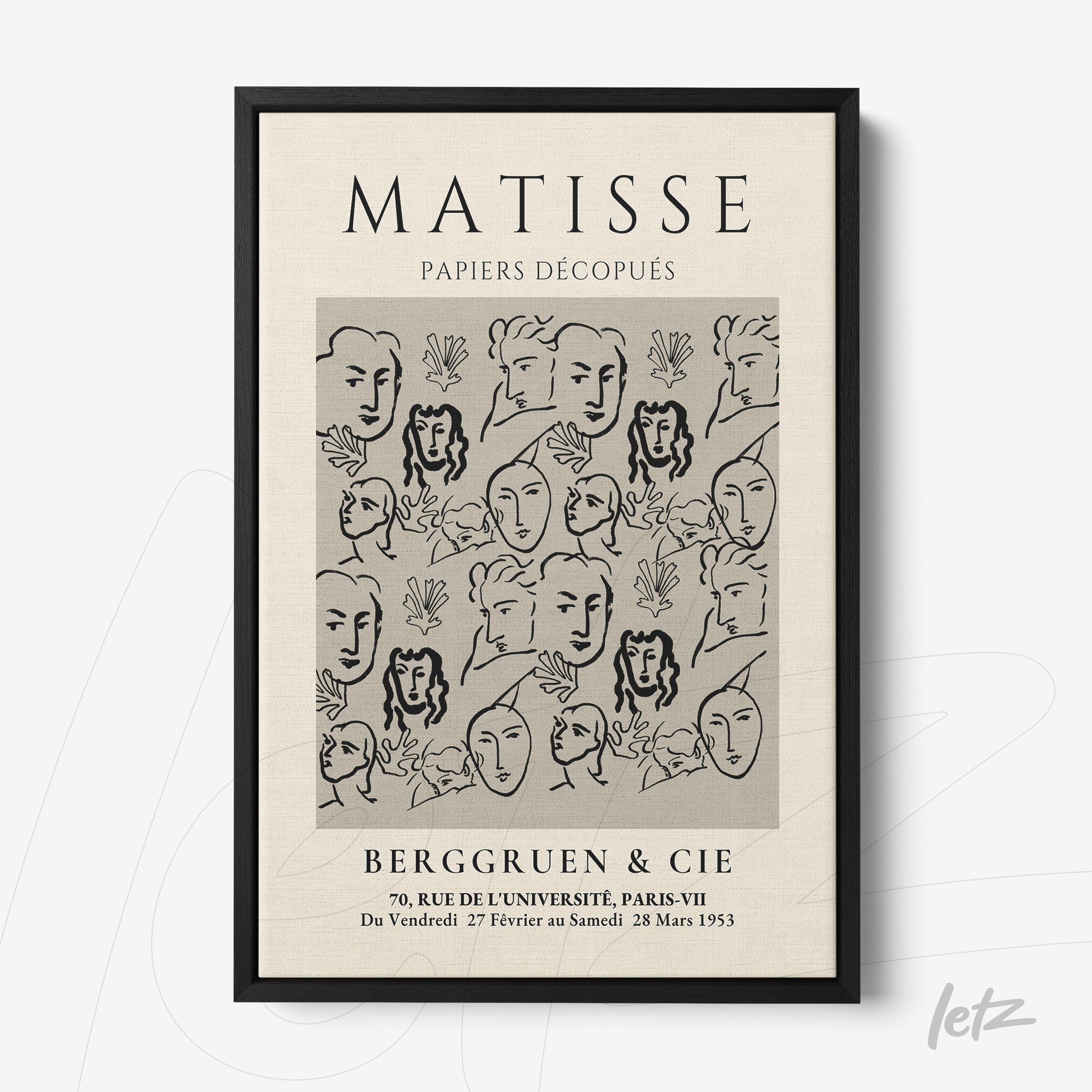 framed wall art featuring Matisse's paper cutouts with simple face outlines and leaves, light background and black frame